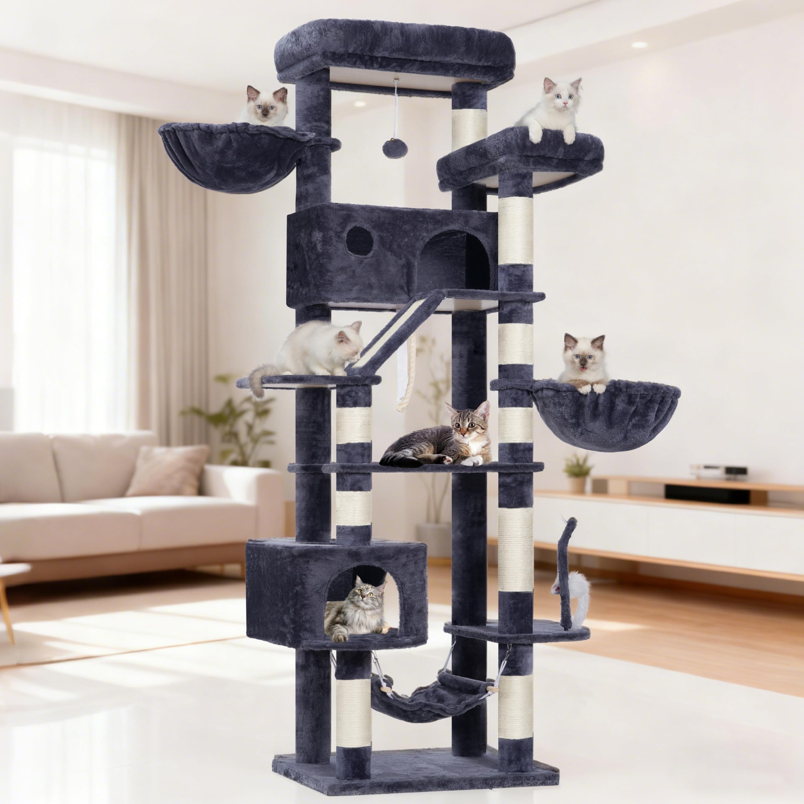Gitelsnour rascador para Gatos Grandes, árbol para Gatos de Interior de 200 cm, con Amplia Plataformas Superior, Cuevas, Hamaca, rascadores, Gris Ahumado GCT031G
