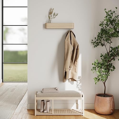 Miniatura 5 de Kazai. Perchero de pared 'Toke'  Perchero de diseño moderno con ganchos ocultos de pared  Perchero de panel de chapa de madera maciza  Roble, blanco