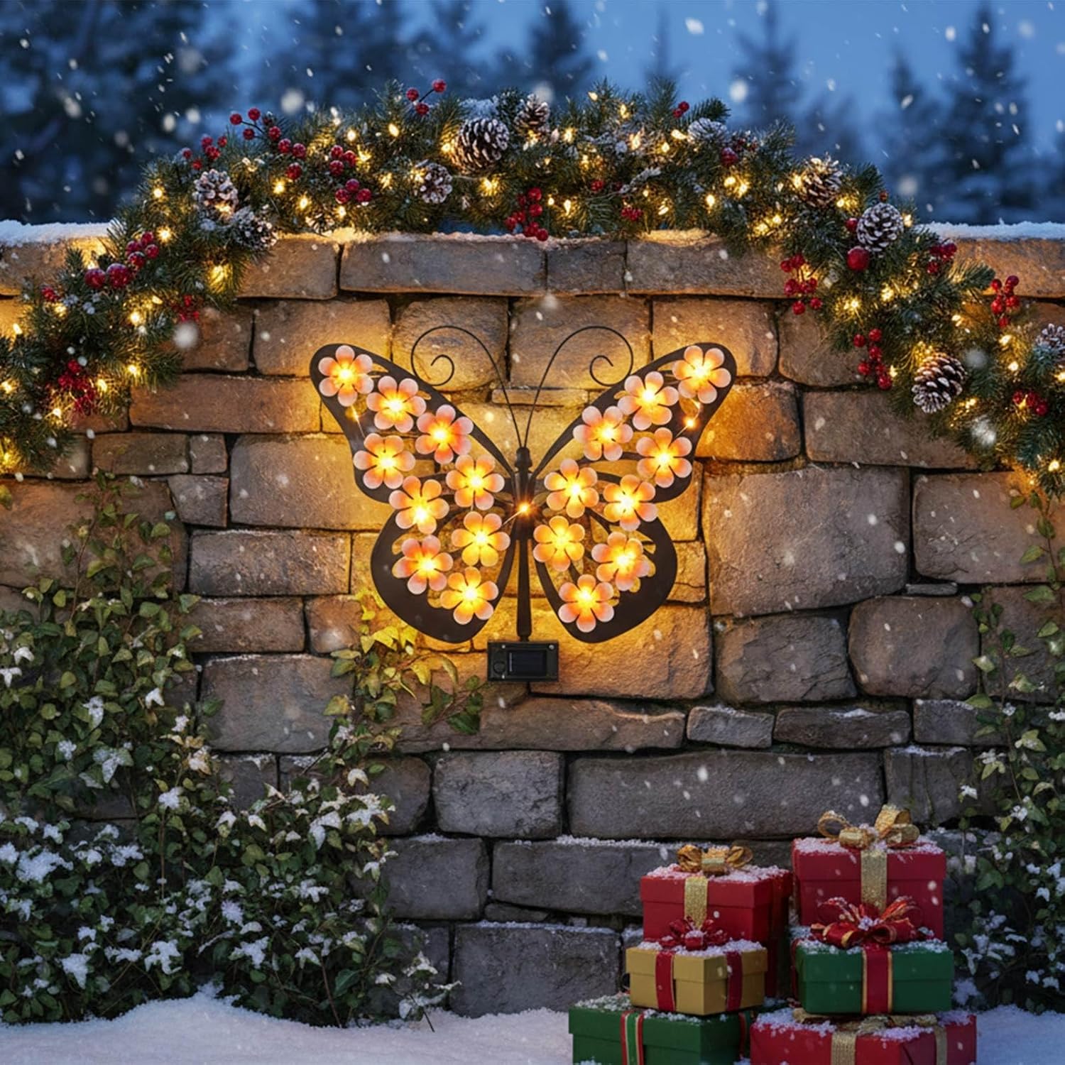 Solar Lights Outdoor Metal Butterfly Wall Decor with 30 Led - 13.5" Outdoor Fence Wall Art,Hanging Decoration for Garden Patio Porch Yard,Gifts for Women，Birthday Gifts for Mom Grandma