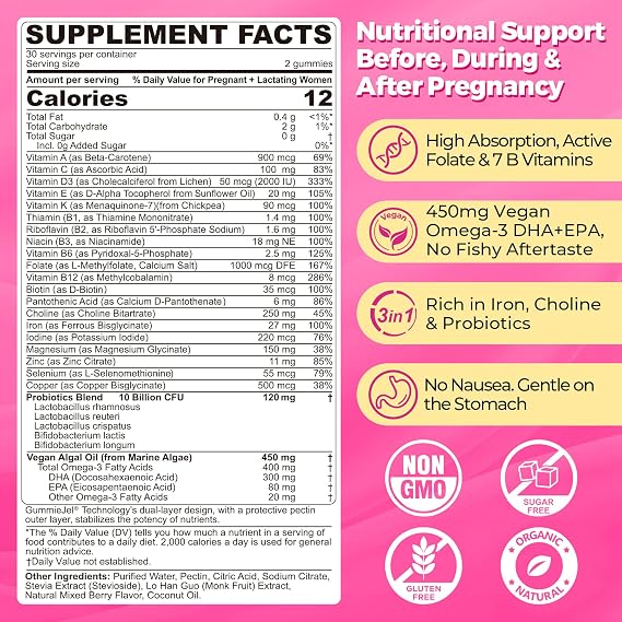 NEVISS Prenatal Vitamins for Women Gummies w/Methylfolate DHA Iron Choline | Prenatal Gummies w/ Vegan Omega-3, Iodine, Biotin, B12 for Prenatal, Pregnancy, Postpartum, Vegan Non-GMO, Sugar Free, 60Cts