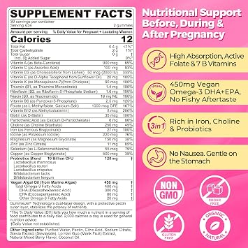 NEVISS Prenatal Vitamins for Women Gummies w/Methylfolate DHA Iron Choline | Prenatal Gummies w/ Vegan Omega-3, Iodine, Biotin, B12 for Prenatal, Pregnancy, Postpartum, Vegan Non-GMO, Sugar Free, 60Cts