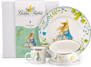 Golden Rabbit Enamelware Child Dinnerware Set: Plate, Mug and Bowl with Lid, Spring Leaves
