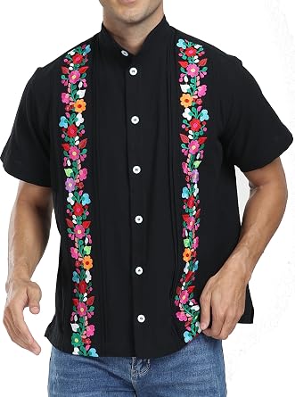 YZXDORWJ Mens Mexican Cuban Shirt Embroidered Traditional Button Down Shirt Summer Band Collar Short Sleeve Tops