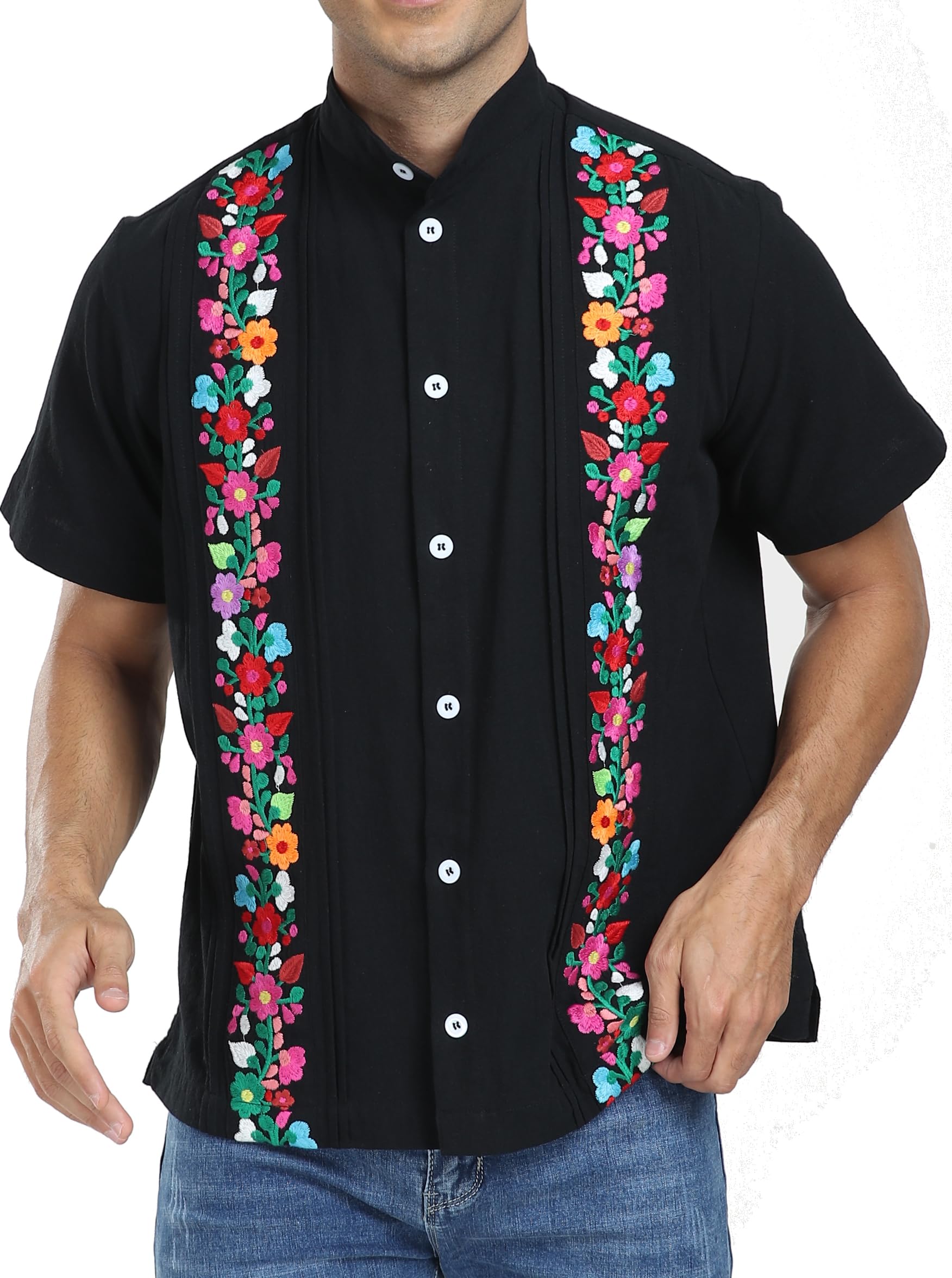 YZXDORWJ Men's Mexican Cuban Shirt Embroidered Traditional Button Down Shirt Summer Band Collar Short Sleeve Tops