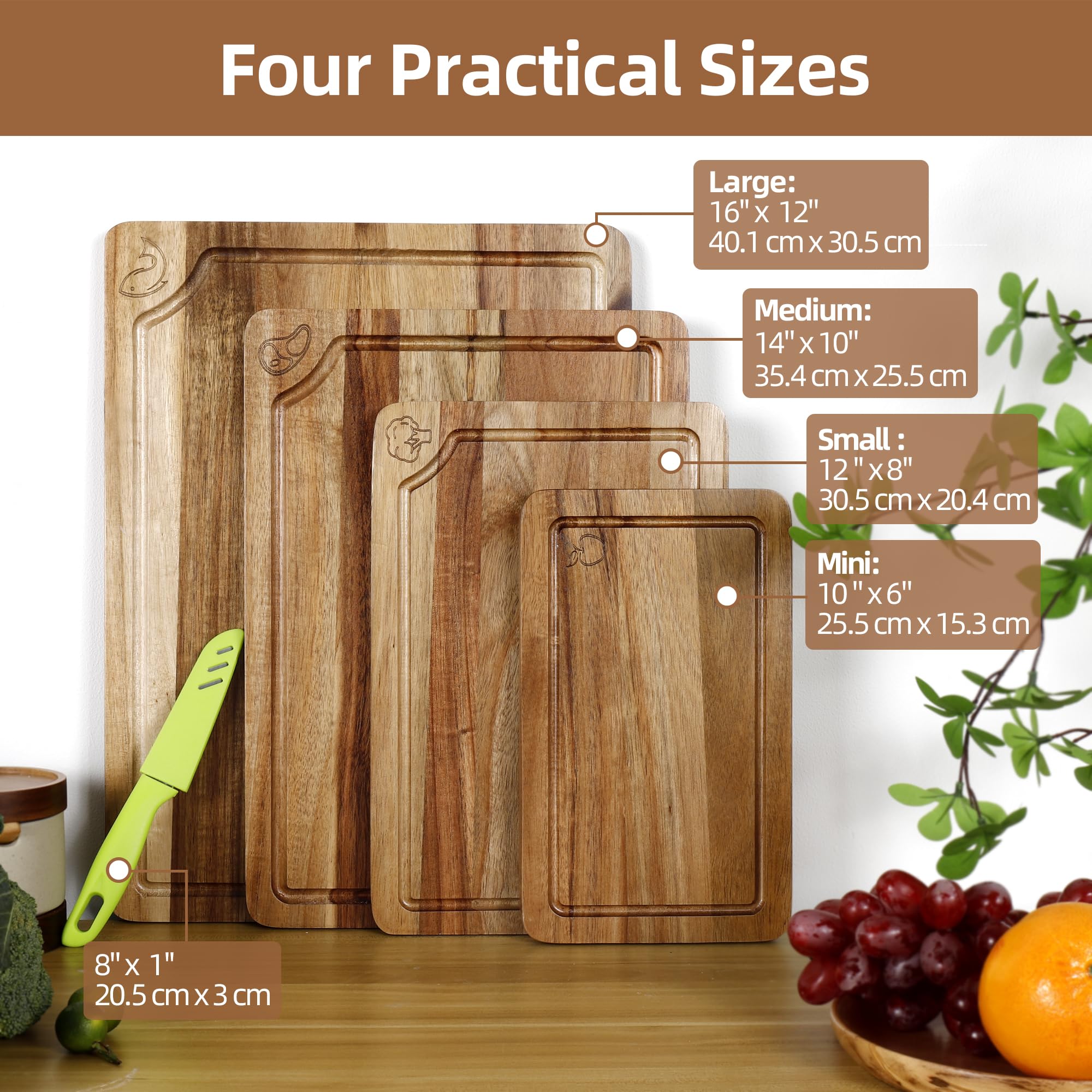 Set de 4 Tablas de Cortar, Tablas de Cortar de Madera de acacia, con Soporte y Símbolos de Alimentos, Ideal para Carne, Verduras, Frutas y Queso