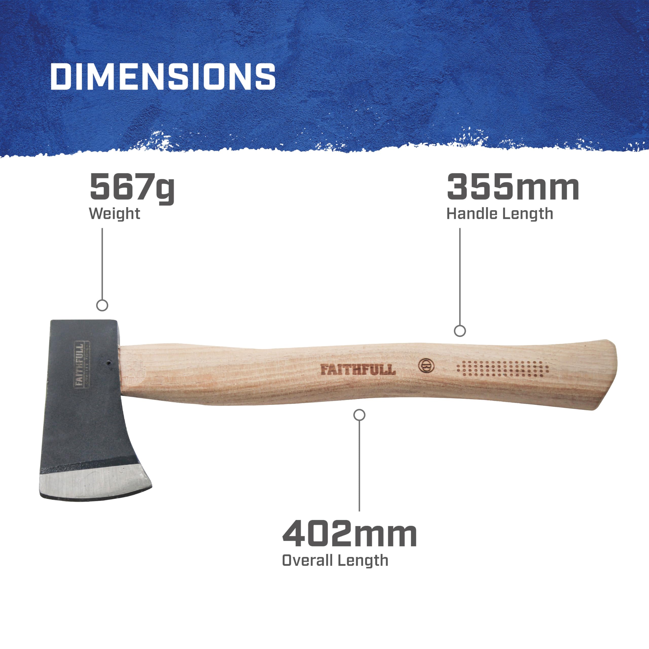 Accetta Faithfull manico hickory FSC testa acciaio carbonio temprato 567 g piccola ascia potatura rami taglio radici