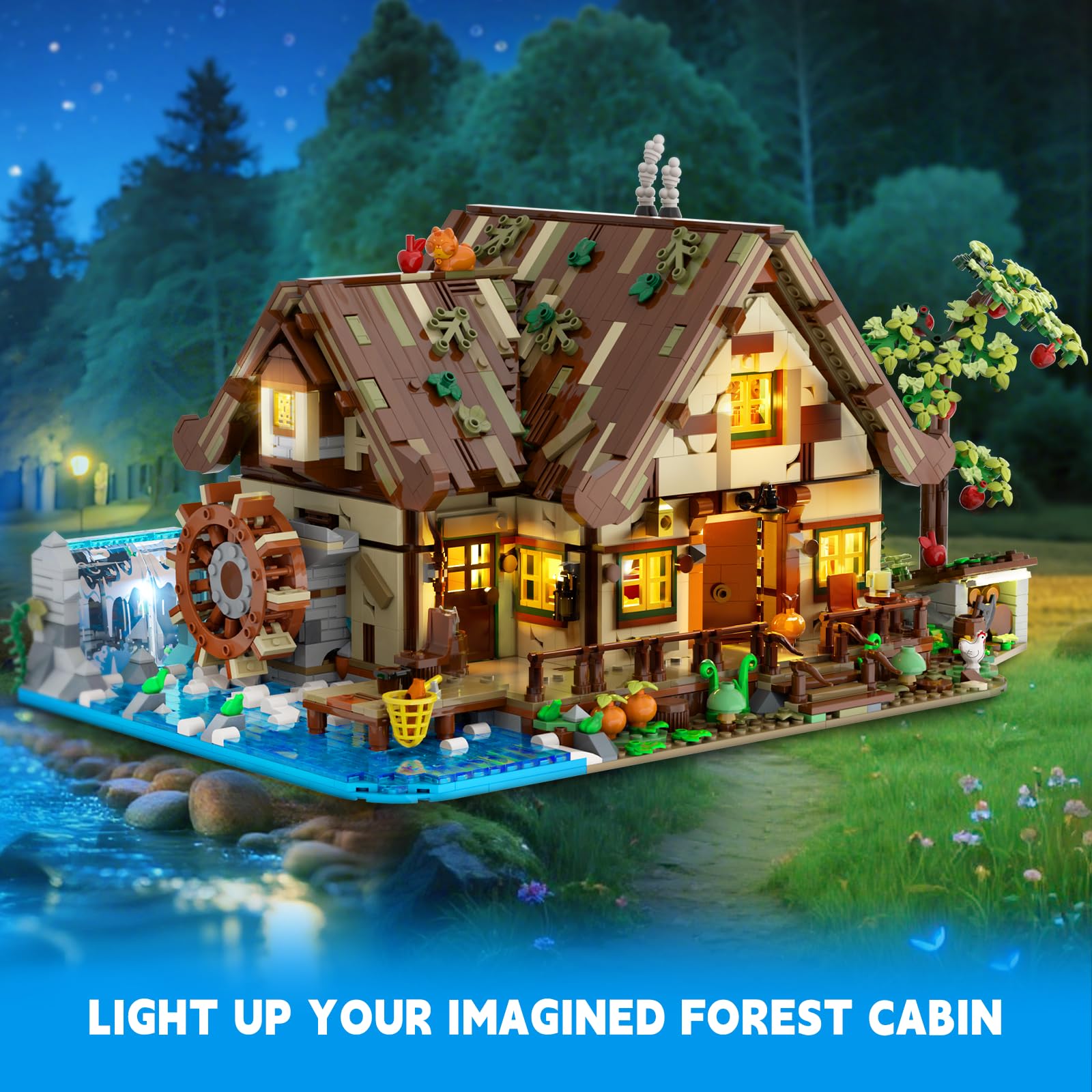 Wood Cabin Mini Building Set with Lights, Forest House Building Block Kit with Animals Stream Waterwheel, 2570 PCS Treehouse Construction Model Toy Collection for Adults Teens Boys Girls 12+