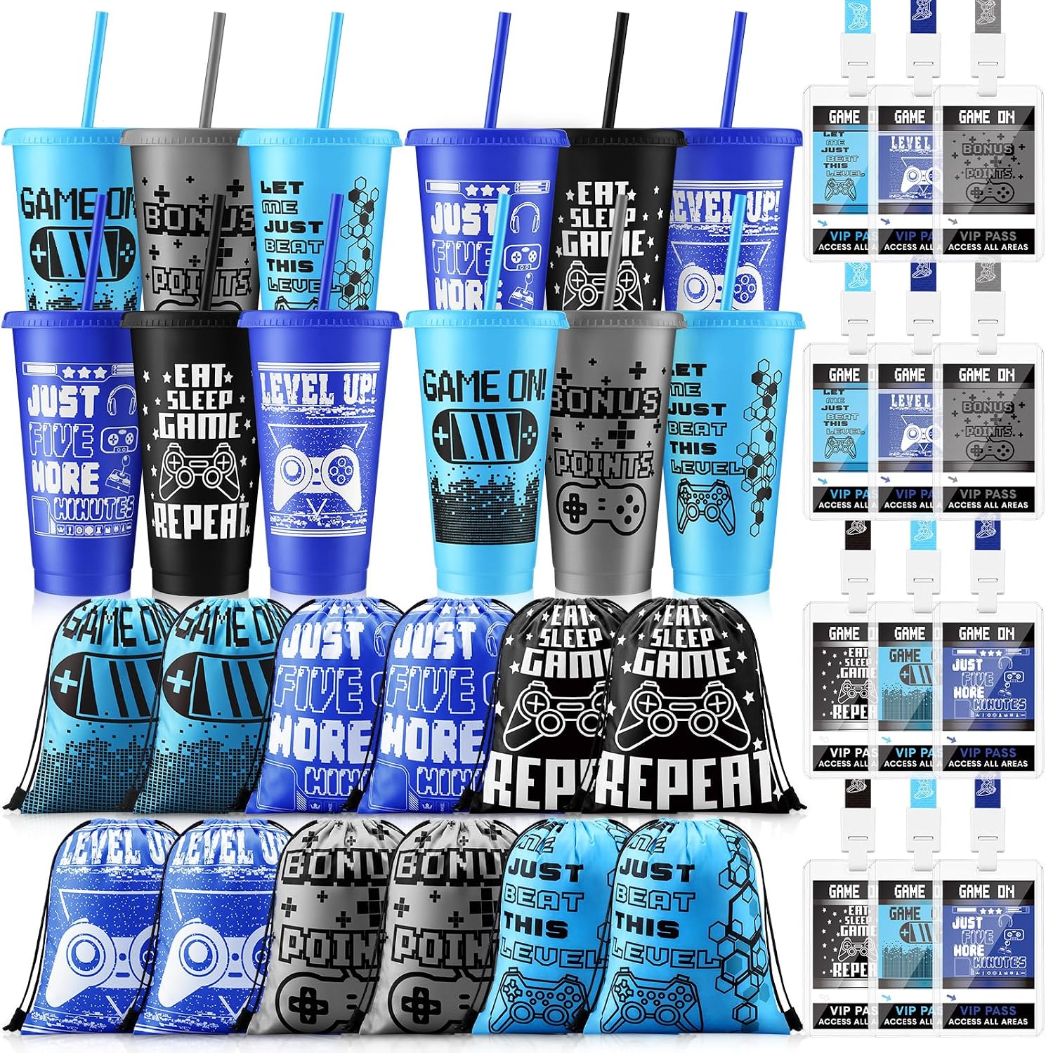 36 Pcs Video Game Party Favors 24oz Gamer Cups with Lids and Straws Drawstring Backpacks and VIP Pass Card Holder for Game on Gaming Birthday Party Supplies Gift(Classic Color)