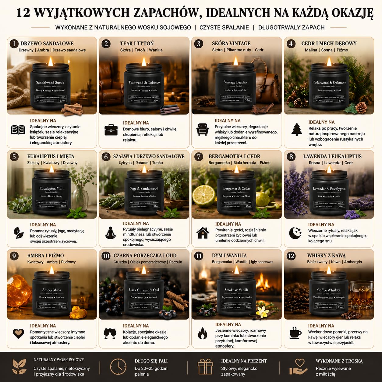 CREASHINE 12-pak prezentów dla mężczyzn, prezent urodzinowy dla niego, zestawy męskich świec zapachowych, świeca z podziękowaniami w szklanym słoiku dla ojca, męża, brata, syna, rodzinnego prezentu na
