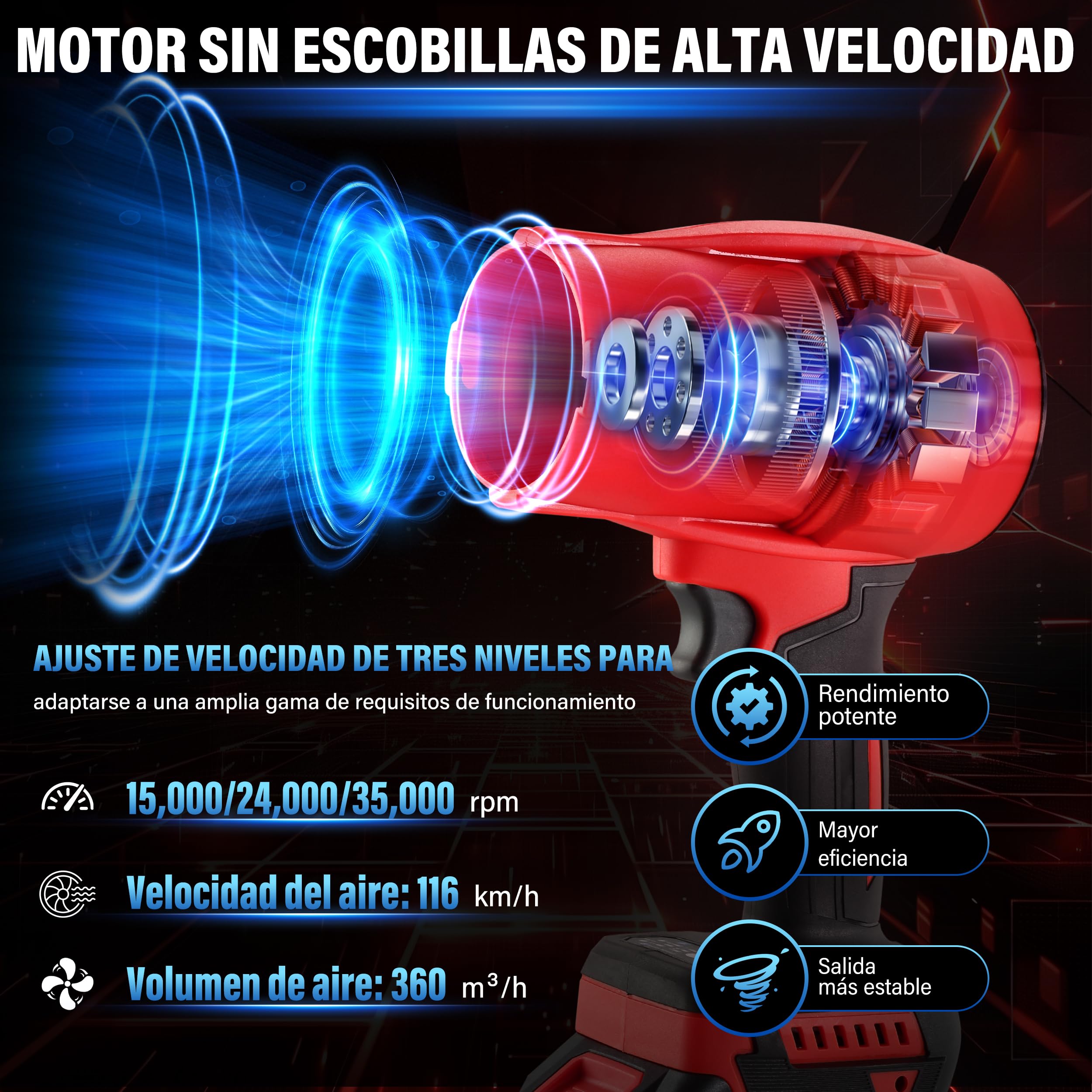 Soplador de hojas inalámbrico TEENO, 35000 RPM 2 x 6,0 Ah baterías, cargador y 3 boquillas incluidas, tres modos de velocidad, compatible con baterías Makita, ideal para terraza, callejones y jardín
