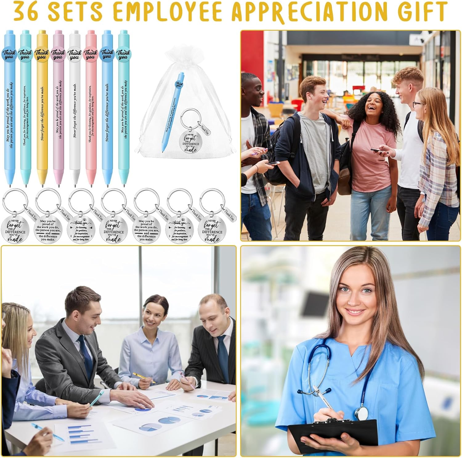 Yeaqee 108 Pcs Teacher Appreciation Gifts 36 Thank You Pens 36 Motivational Keychains with Organza Bags Inspirational Retractable Ballpoint Pen Thank You Gifts for Teacher Employee Coworkers Nurse
