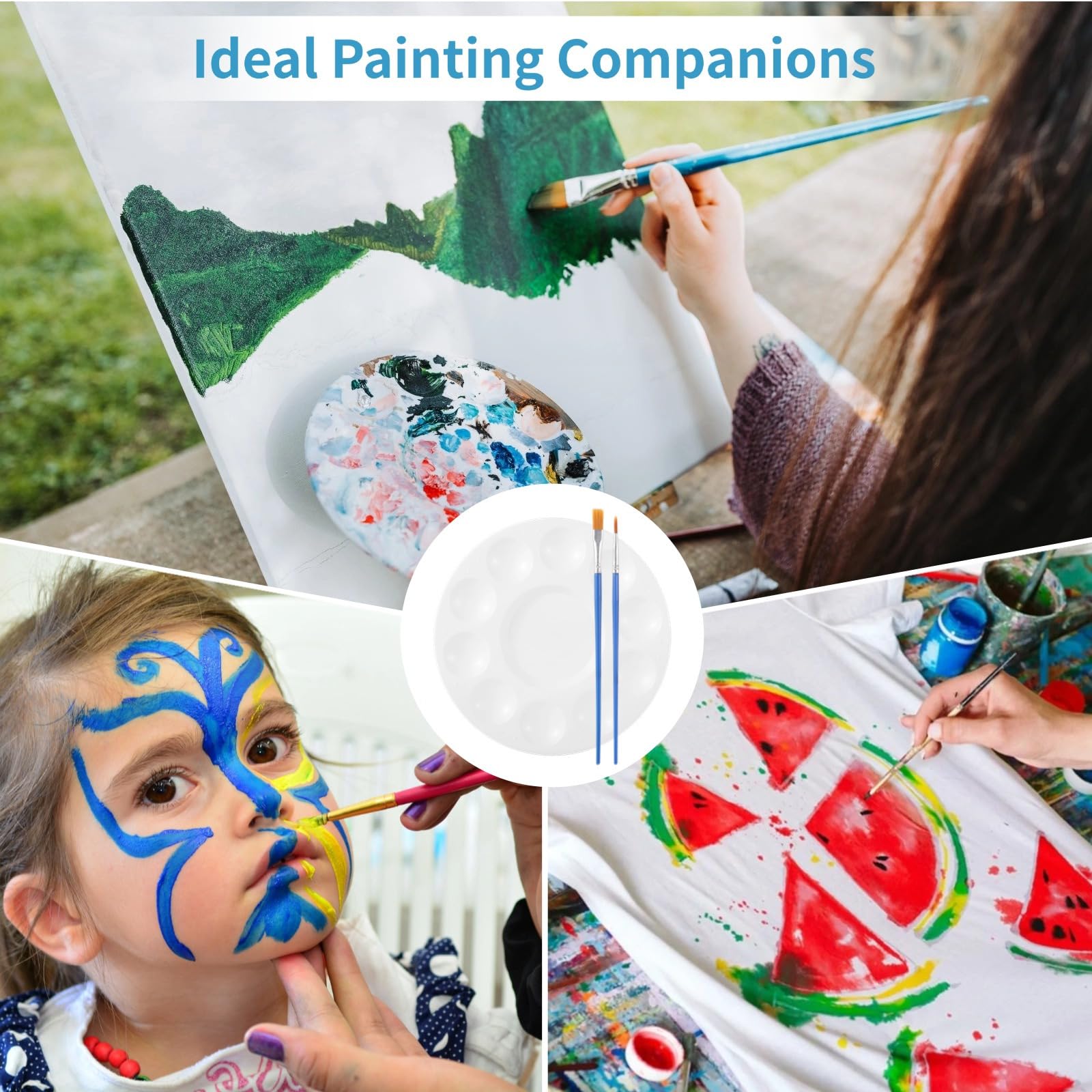 Suministros de pintura acrílica para pintura al óleo y acuarela, juego de 150 pinceles de pintura, 50 bandejas redondas y 100 pinceles de pintura de nailon