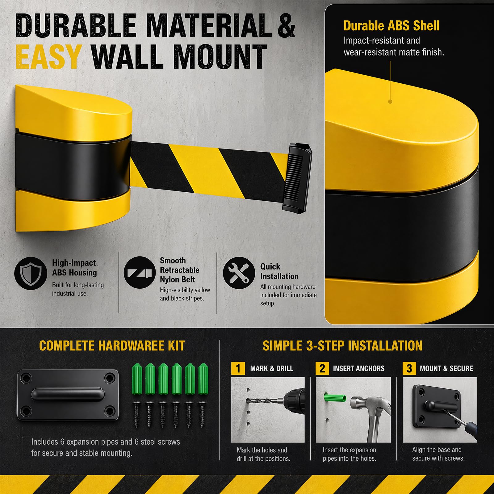 Nastro di sicurezza estensibile da 5 m, per montaggio a parete, con alloggiamento in ABS, nastro di sicurezza giallo-nero per code, guida personale e controllo degli accessi (giallo e nero)