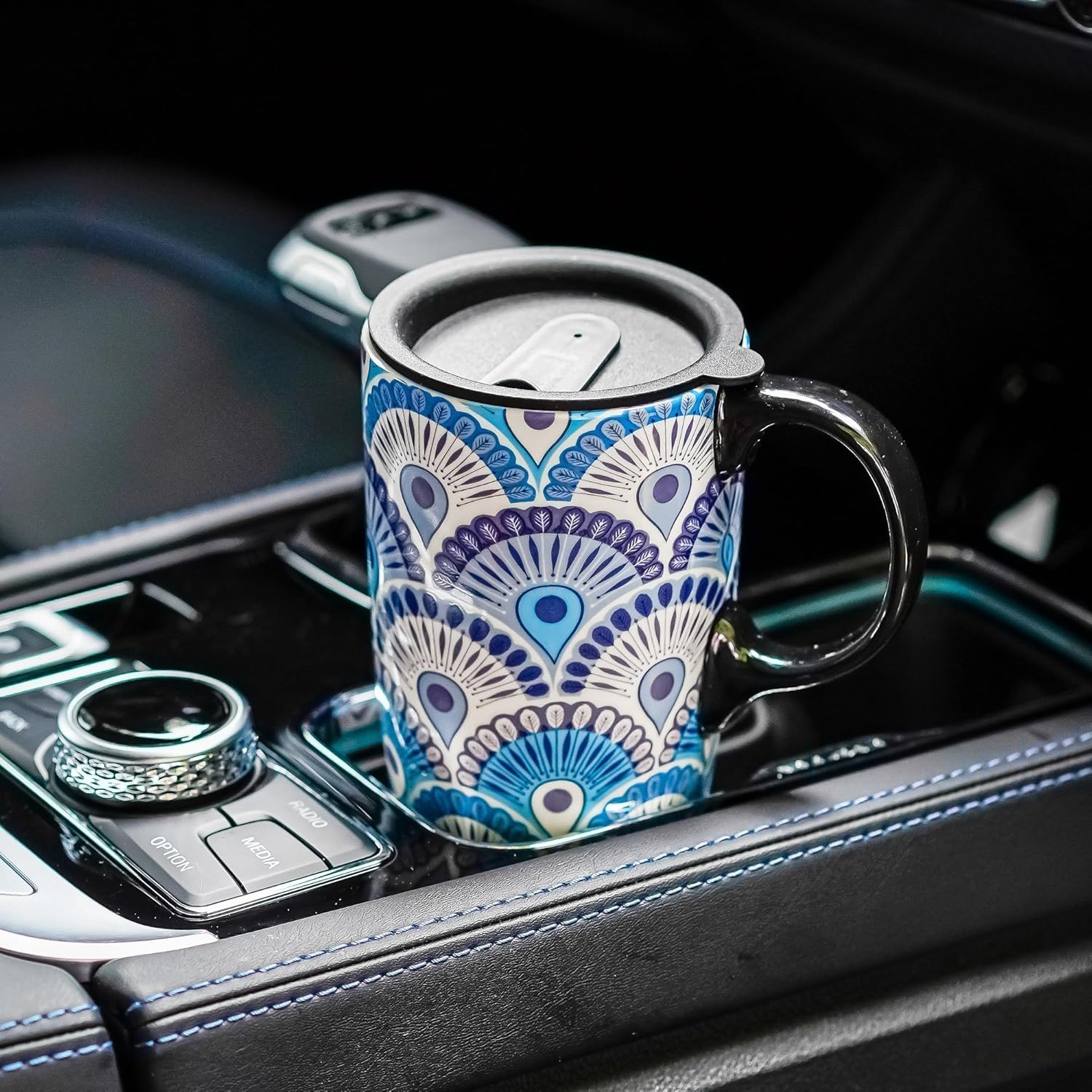 Topadorn Ceramic Travel Mug with Lid and Handle Ceramic Coffee Mug Ceramic Latte Teacup in Color Box 17 Oz, Splash Resistant Lid - To Go Tumbler for Car Cup Holder, Blue - Image 4