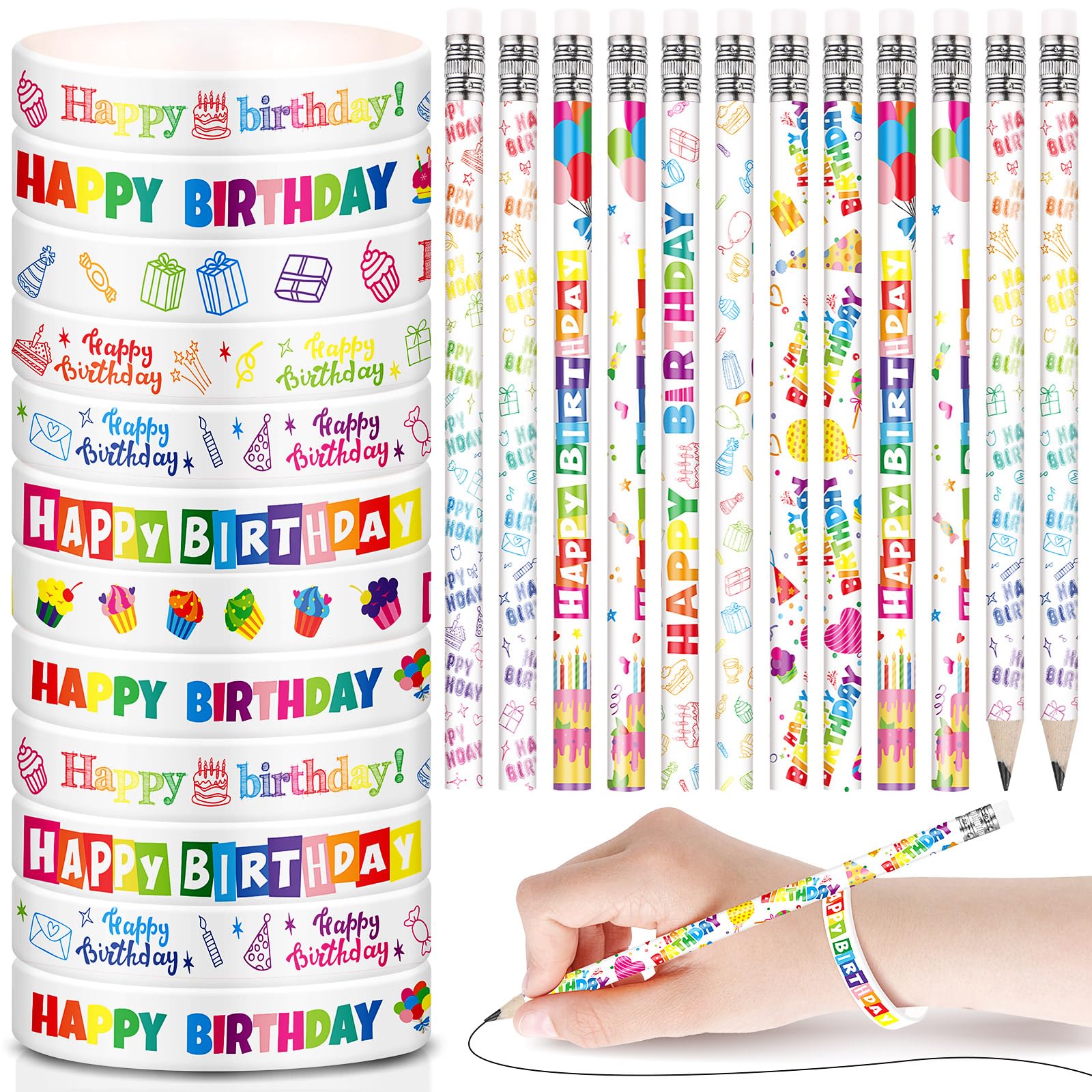 Sabary 48 Pcs Happy Birthday Pencils Rubber Bracelets Set Birthday Party Favors Pencils Silicone Wristbands Bracelet for Teachers Reward Gifts (White)