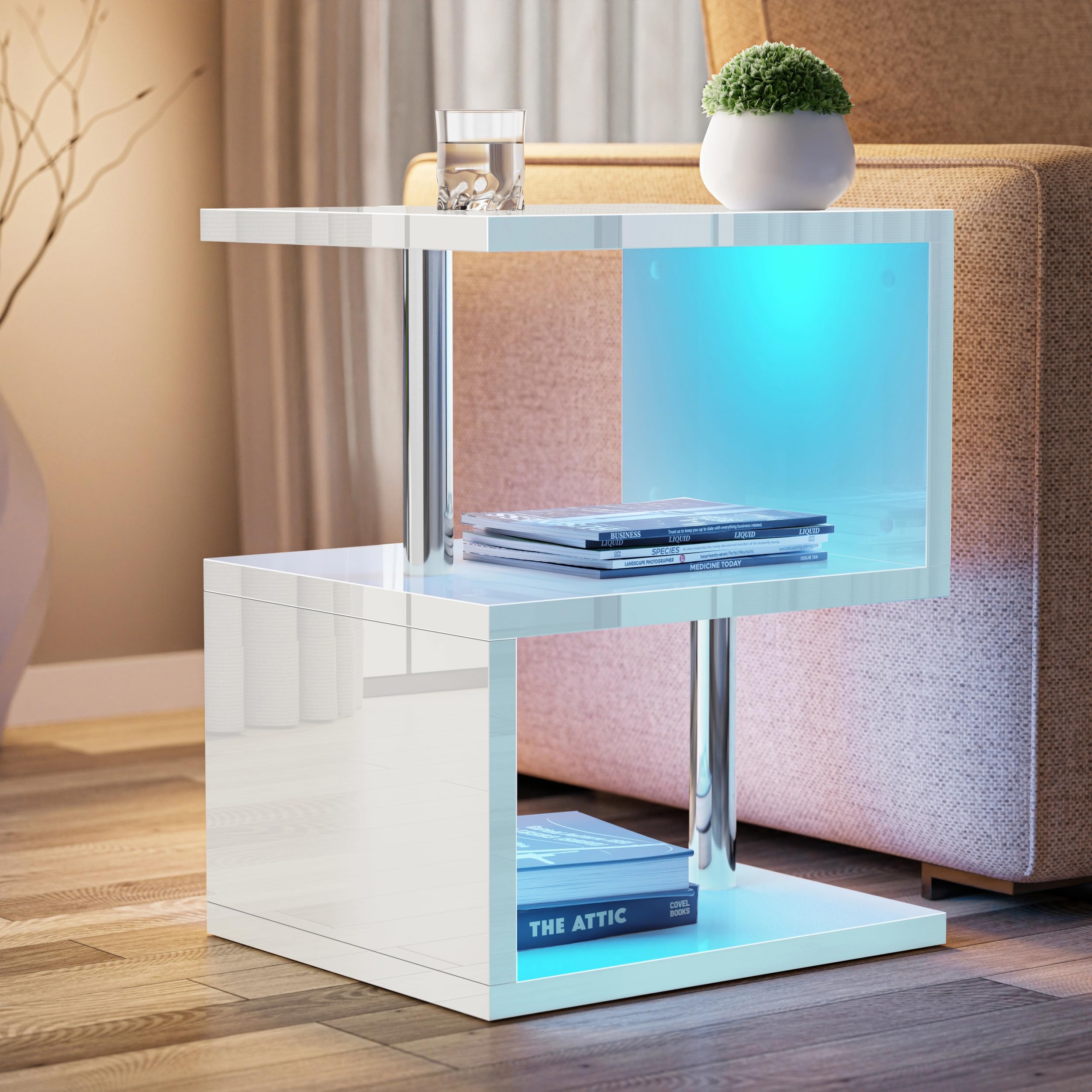 Blisswood LED Side Table - S-Shaped White High Gloss End Table with Storage Shelves and RGB Lighting, Modern Nightstand for Bedroom, Living Room or Small Spaces