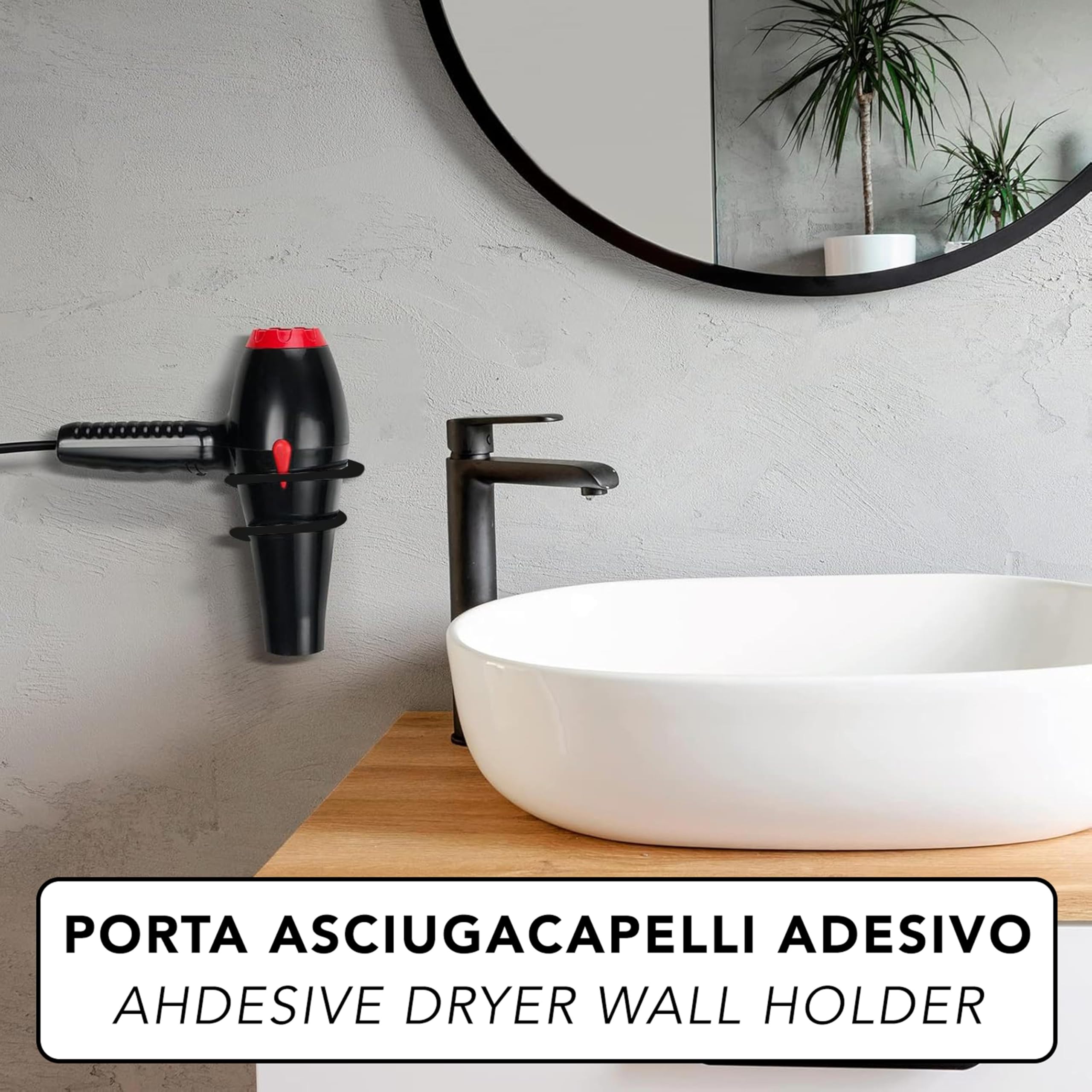 IPEA Porta Asciugacapelli Autodesivo da Parete - NON NECESSITA FORATURA - Design Moderno - Elegante Porta Phon Adesivo da Muro per Phon da Incollare in Bagno e Casa - Supporto