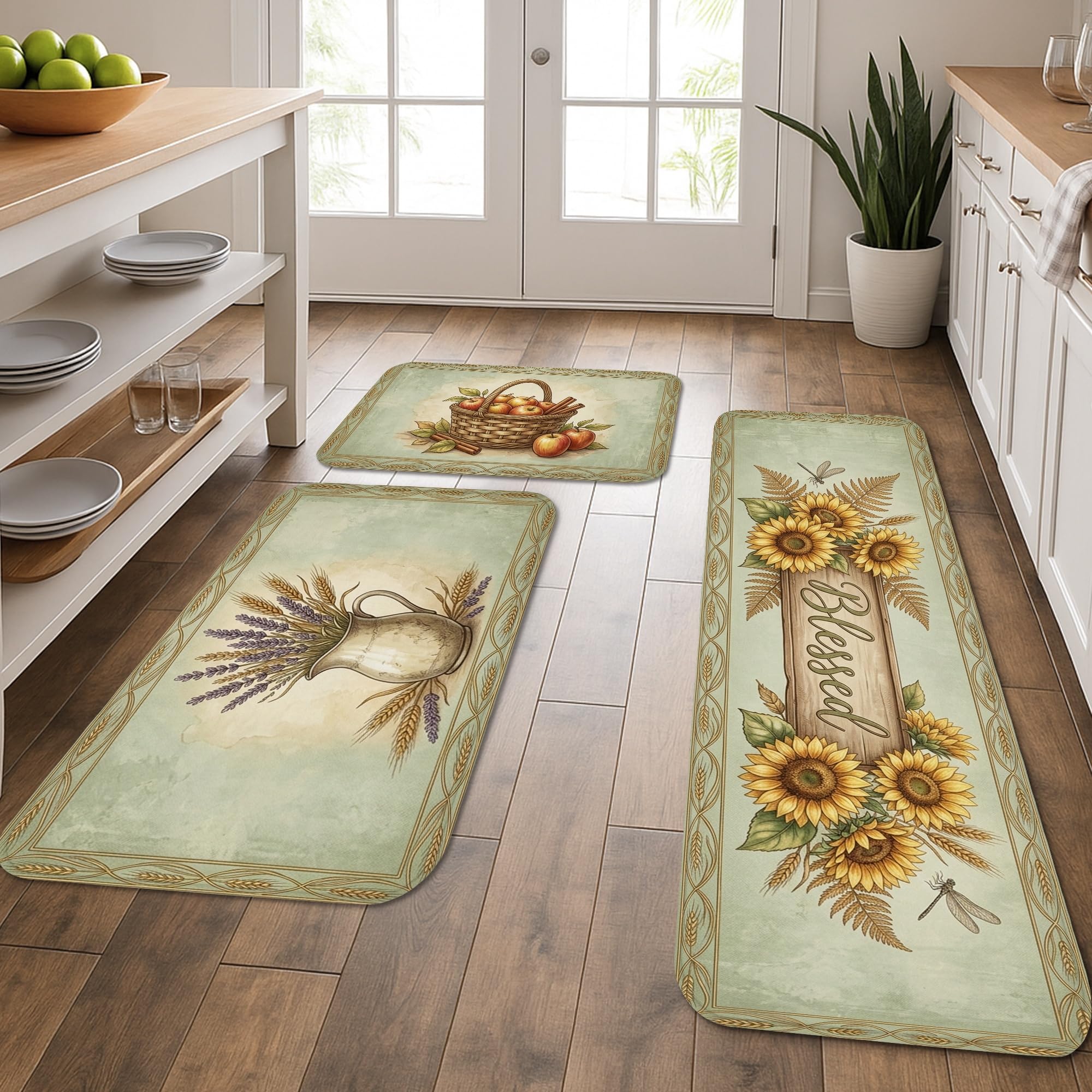 Tapis de cuisine rustique tournesol lavable lot de 3 pour évier et buanderie
