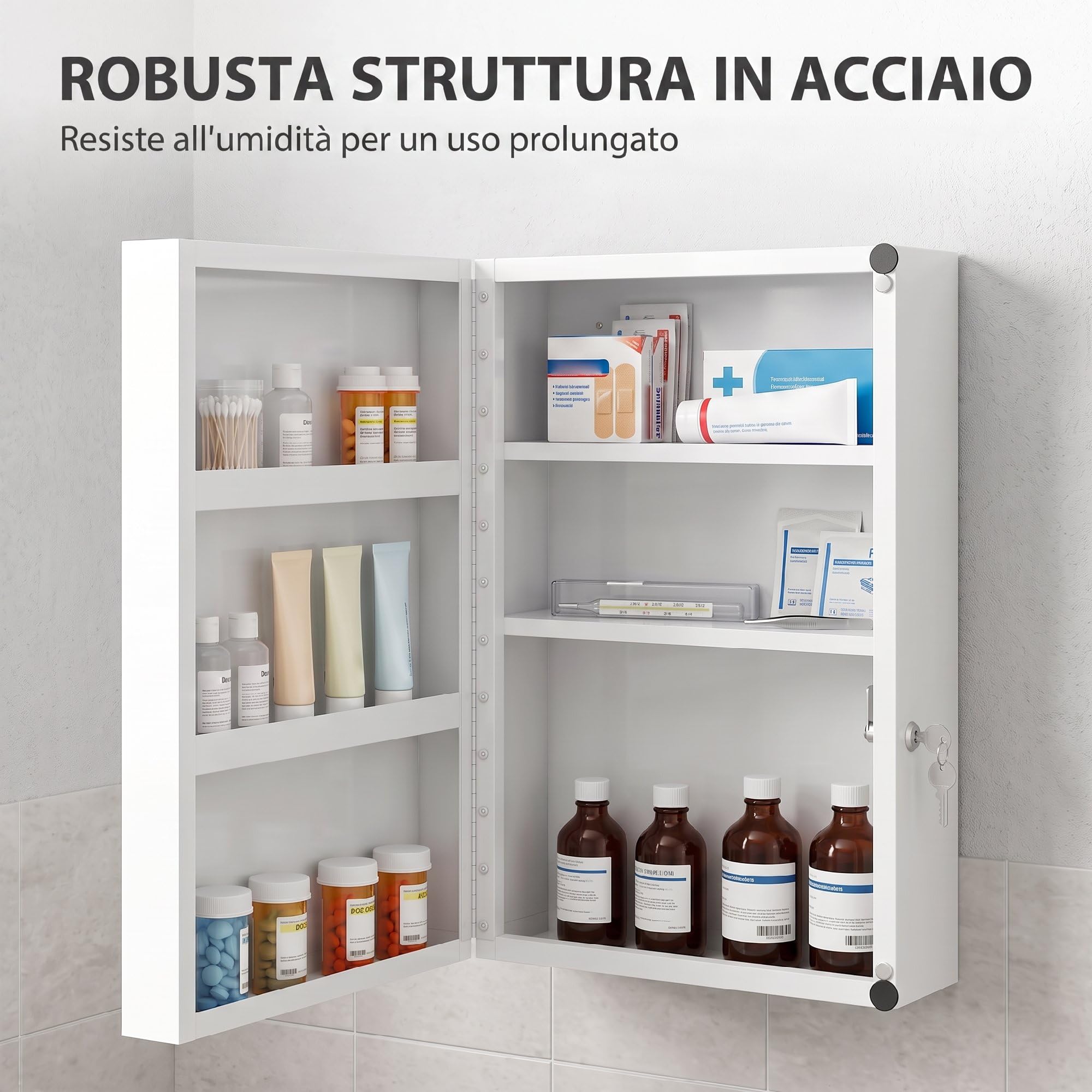 HOMCOM Armadietto Porta Medicinali da Parete 2 Chiavi 40x18x60 cm Bianco