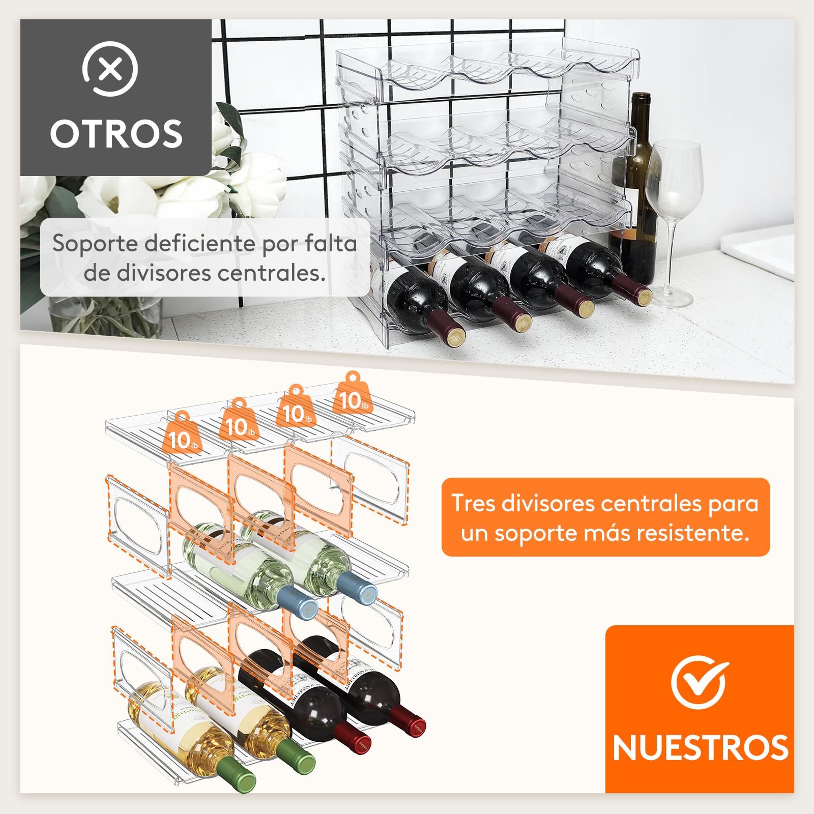 Lifewit Botellero Frigorifico para 12 Botellas, 3 Niveles Apilables Botellero para Vino, 42 x 20 x 23 cm Organizador Botellas