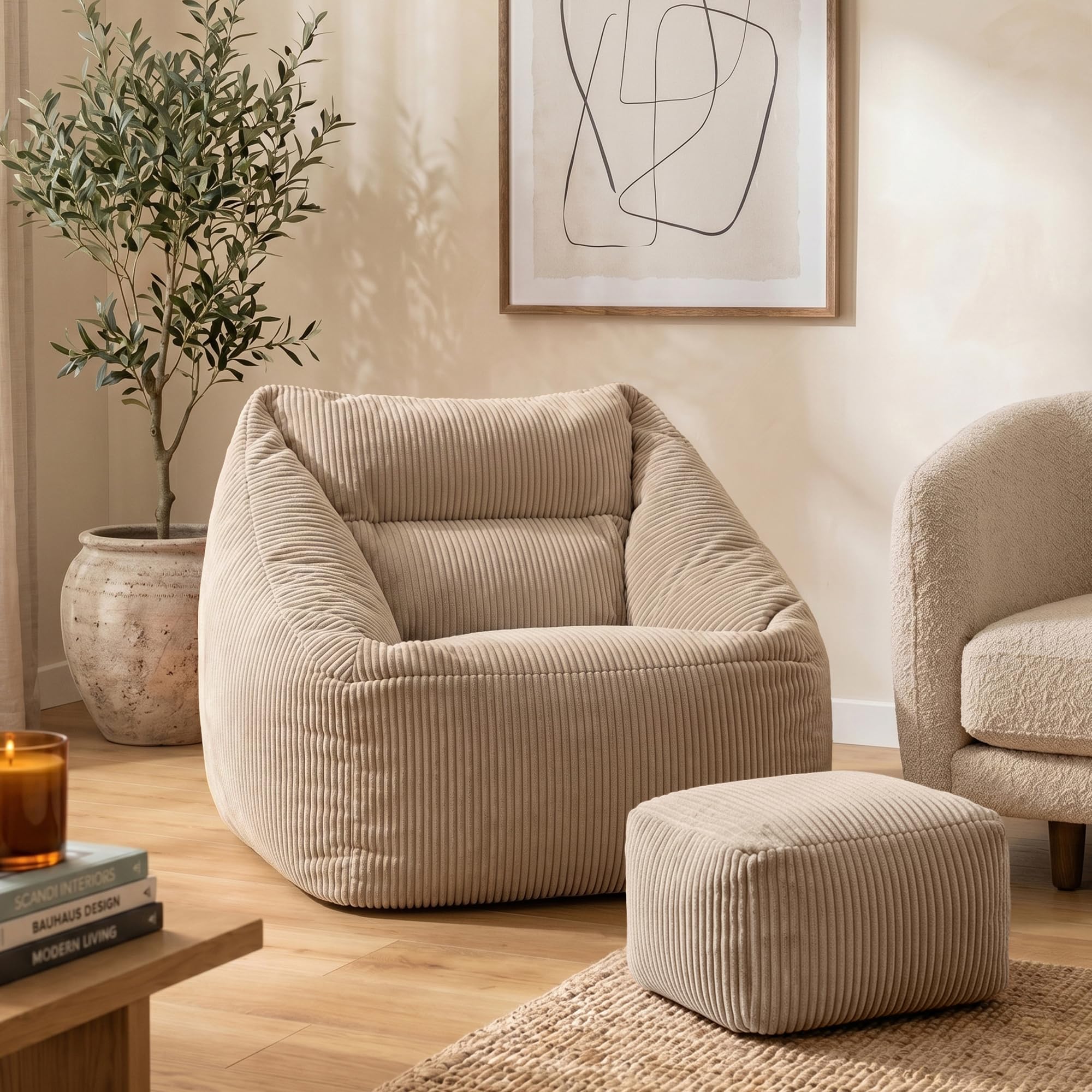 Icon Natalia Sitzsack Sessel mit Hocker für Erwachsene, Beige, Flauschiger Cord Stoff, Riesen Sitzsack Cord mit Füllung, Bean Bag Chair, Bequemer Sessel Wohnzimmer, Lounge, Schlafzimmer, Büro
