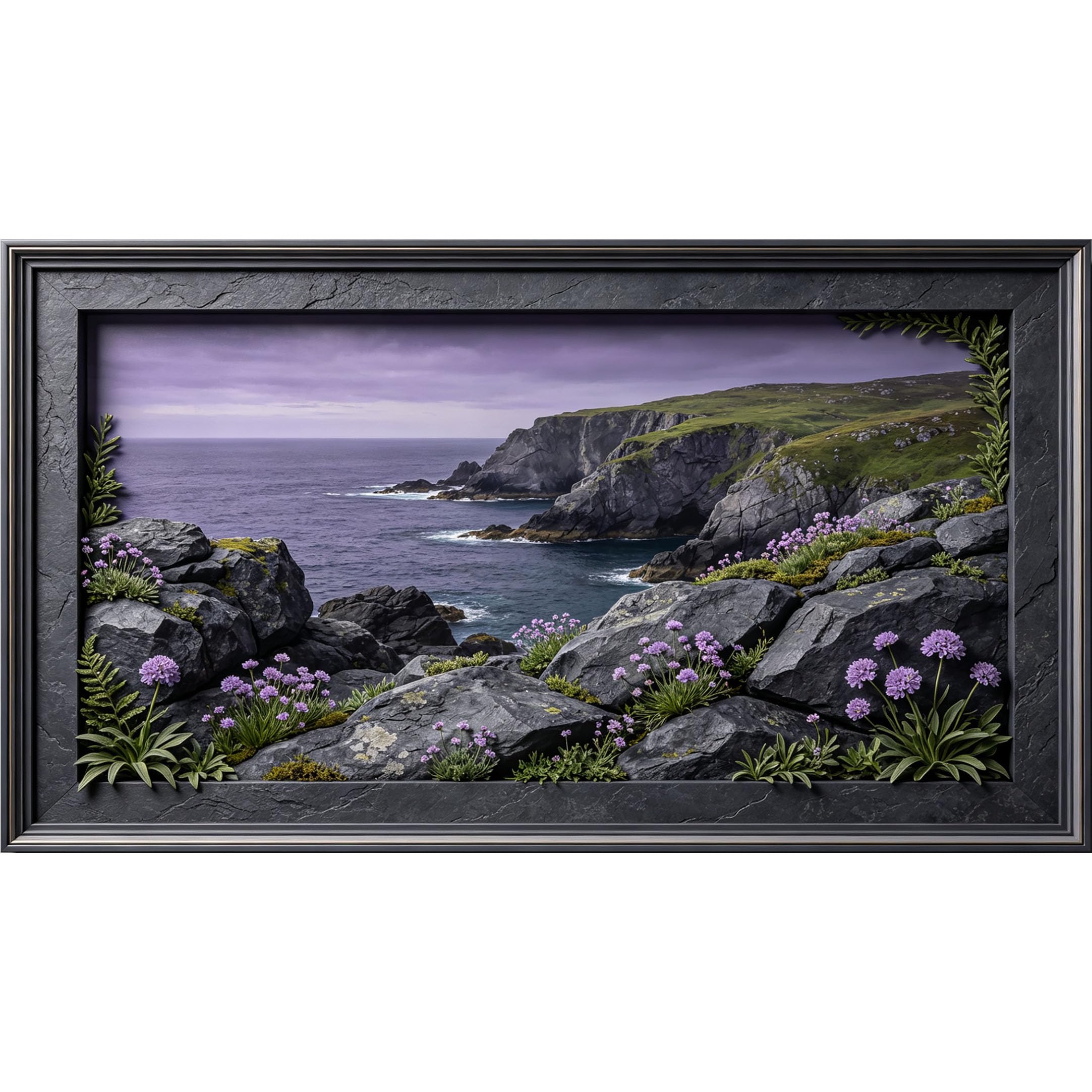 QZLITHOTIC 50×90cm3D Framed Wall Art， Coastal Rocky Cliff Botanical Ocean Landscape Self?Adhesive Mural， Water?Activated Peel & Stick Fabric Decor Wall Decal for Bedroom Living Room