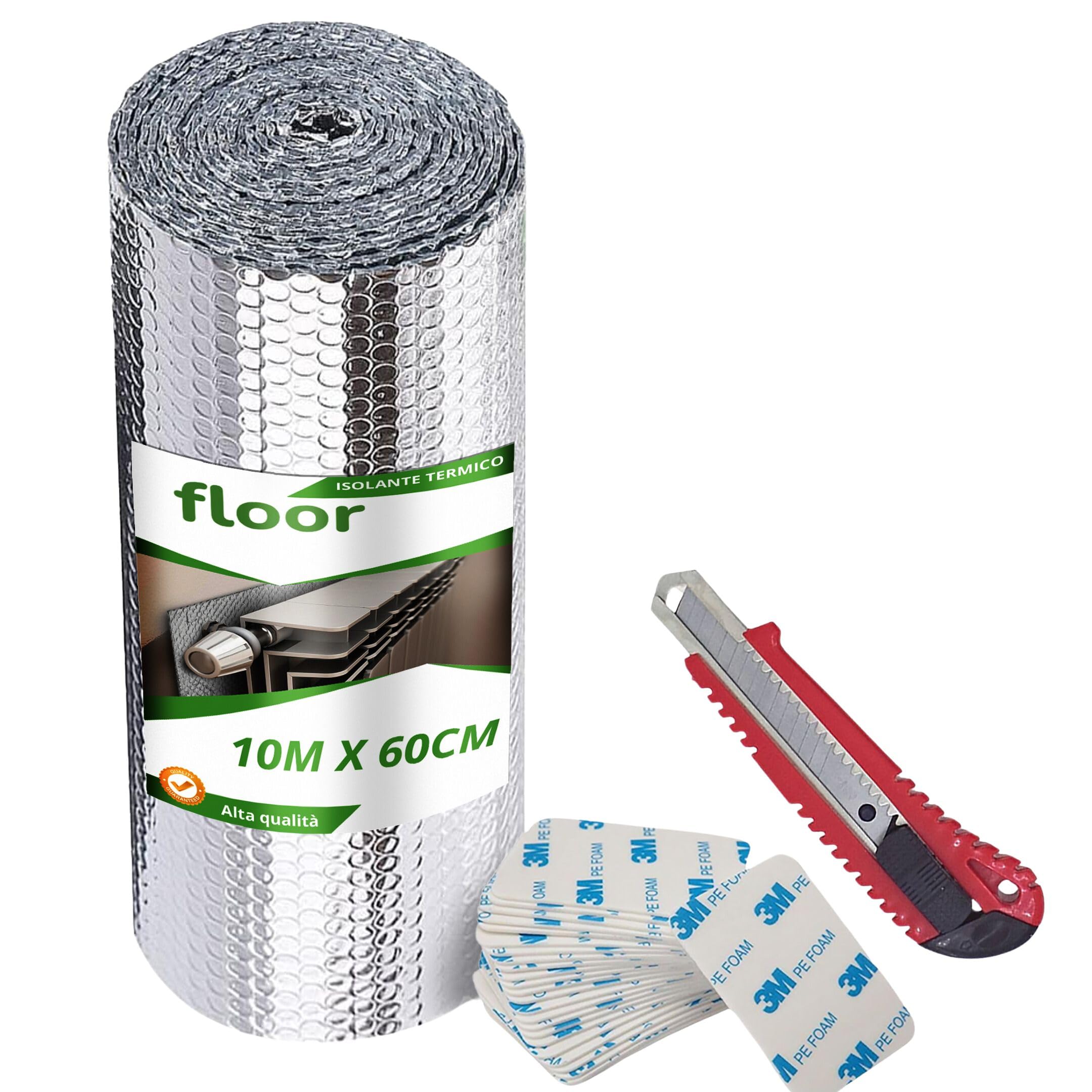 FLOOR SYSTEMS Pannelli Termoriflettenti per Termosifoni a Doppio Strato Isolante - 10m x 60cm - Isolante Termico Riflettente per Caloriferi, Camping, Automobili - Protegge da Freddo, Caldo e Luce