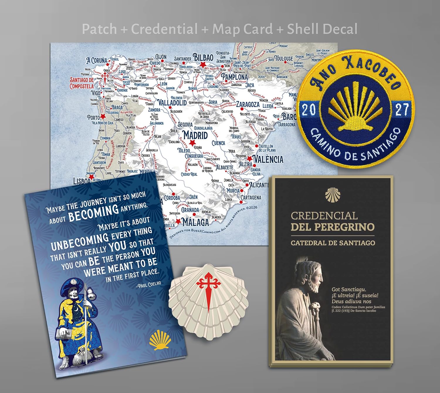 Official Camino Credential - Pilgrim Passport + 2027 Commemorative Camino de Santiago Patch + Trail Map