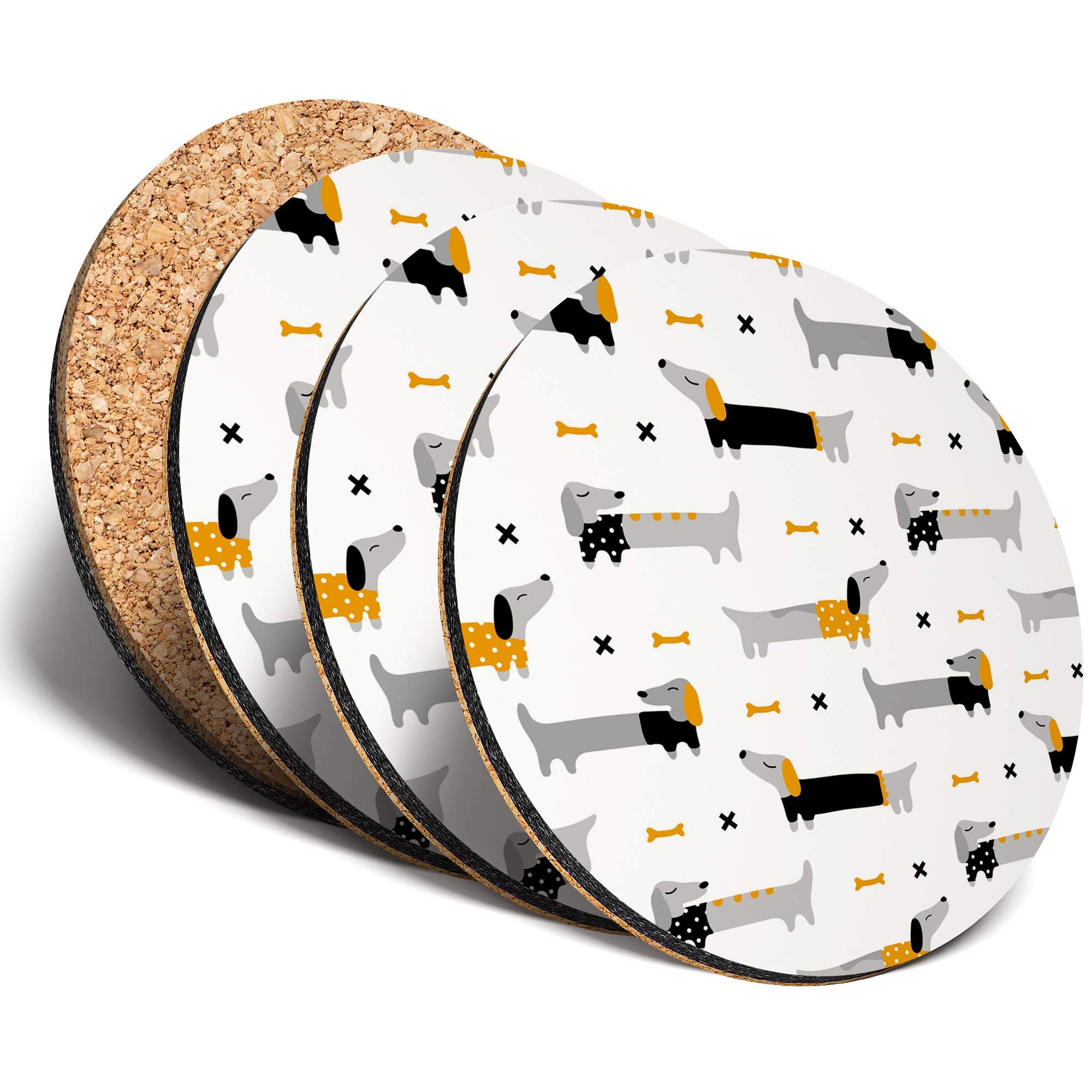 Destination Vinyl Ltd Multicolor Great Coasters (Set Of 4) Round - Dachshund Sausage Dog Drawings Drink Glossy Coasters/Tabletop Protection For Any Table Type #21806