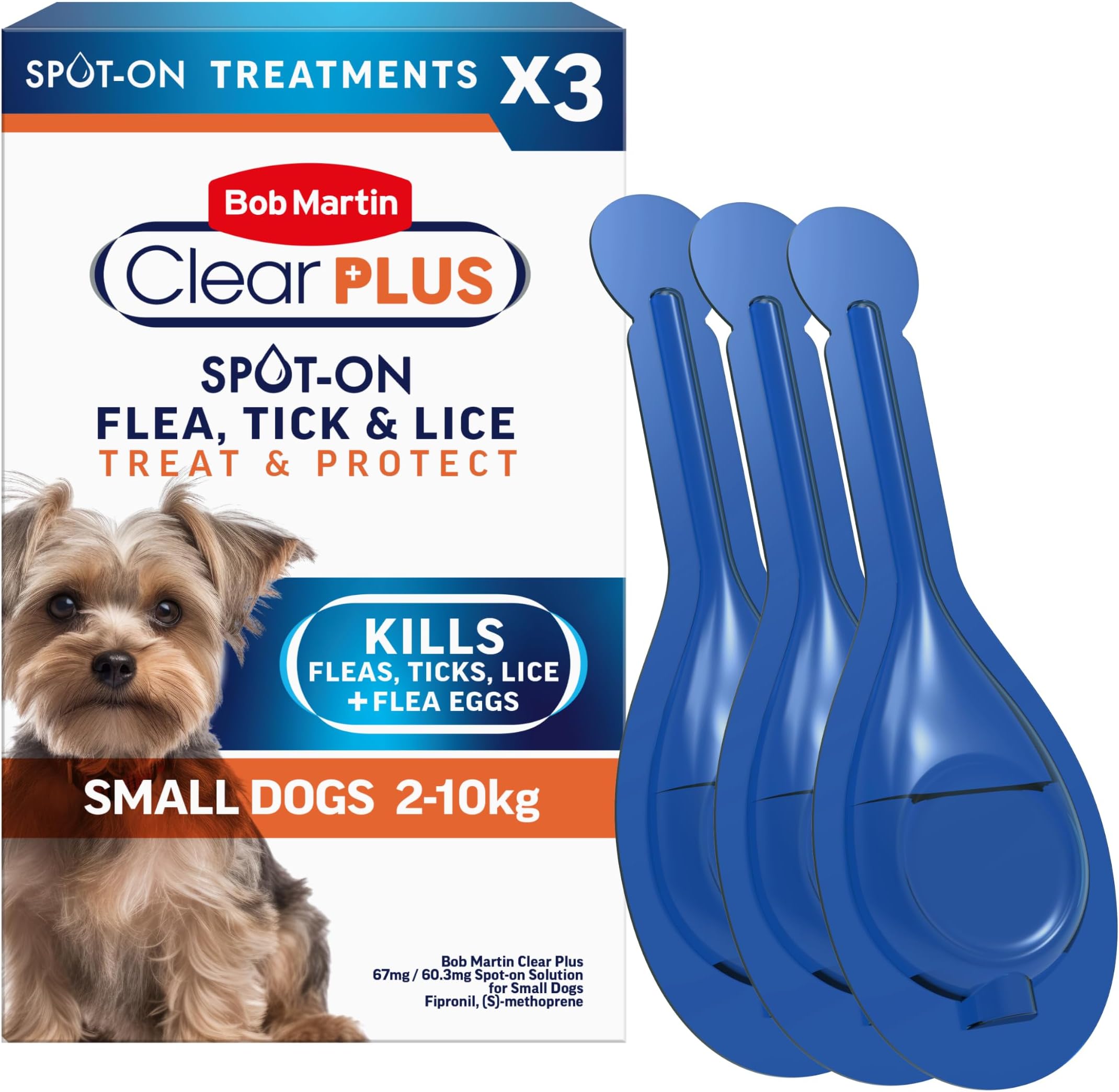 Bob Martin Clear Plus Spot On Flea Treatment for Small Dogs (2-10kg) - Kills Fleas, Ticks, Lice and Flea Eggs (3 Pipettes)