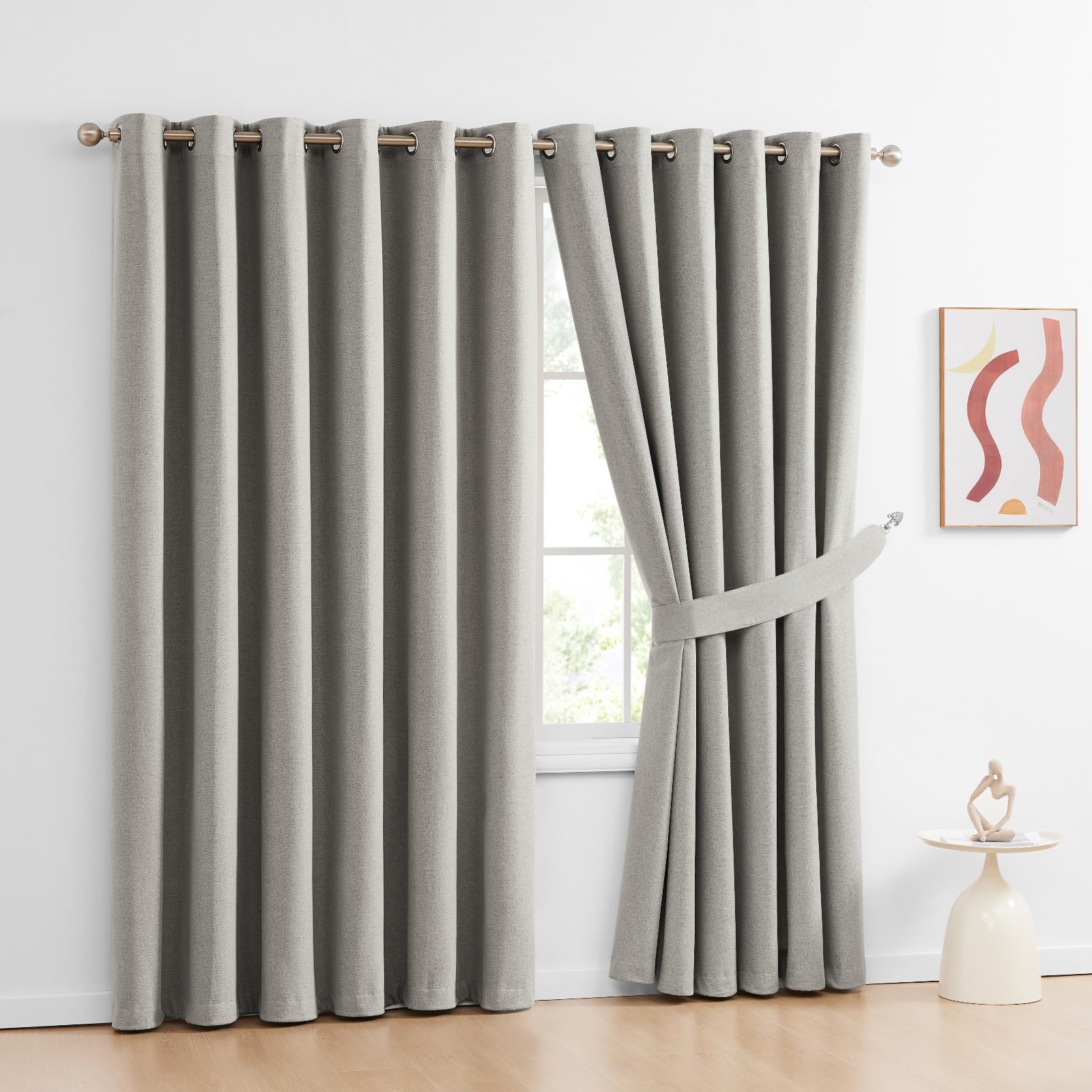 PRIME LINENS Blackout Curtain for Bedroom Living Room Soft Thermal Insulated Heavy Eyelet Ring Top Readymade Curtain Pair Panels with Tiebacks (Mink/Beige, W 90" x L 108")