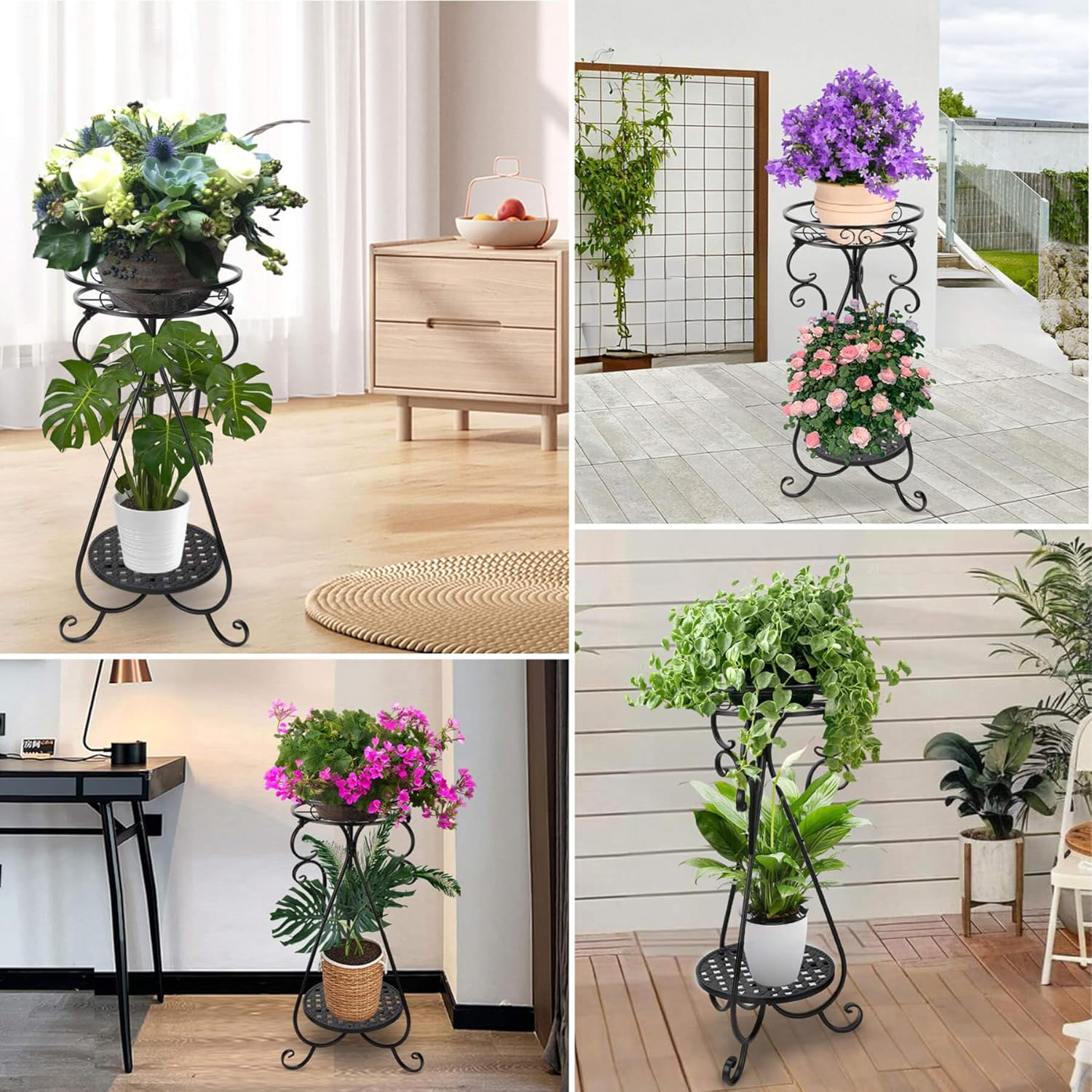 Metal Corner Plant Stand Indoor - 2 Tier Tall Potted Flower Pot Stand Outdoor Multiple Tiered Rustproof Iron Holder Heavy Duty Plant Rack Round Suport Shelf for Balcony Garden Patio Enterway