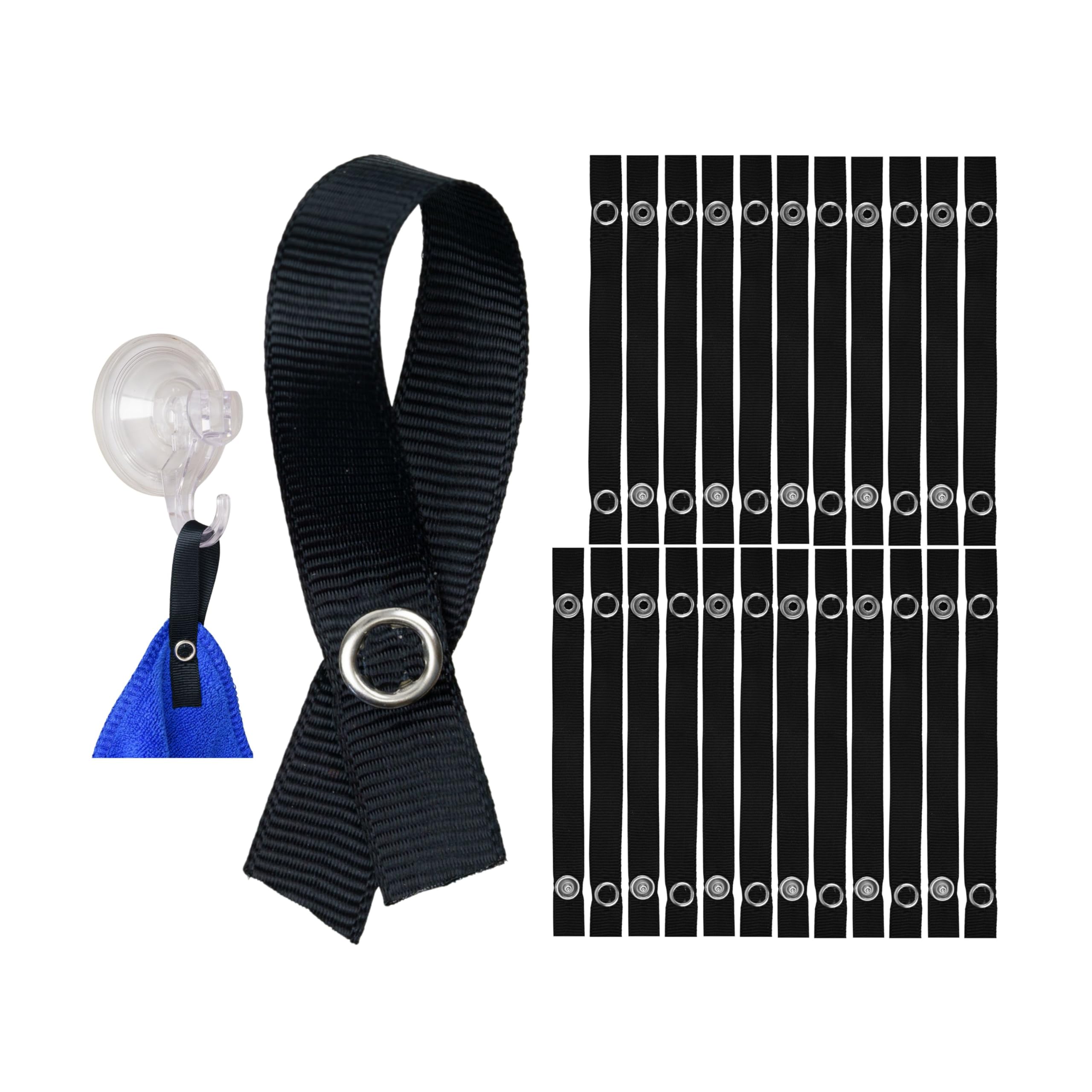 No-sew hangers for textiles, 24 pack, 150 x 12 mm loops, in black, with snap fastener, hanger tabs for tea towel, hand towel, rag, cloth, decorative items, camper accessories
