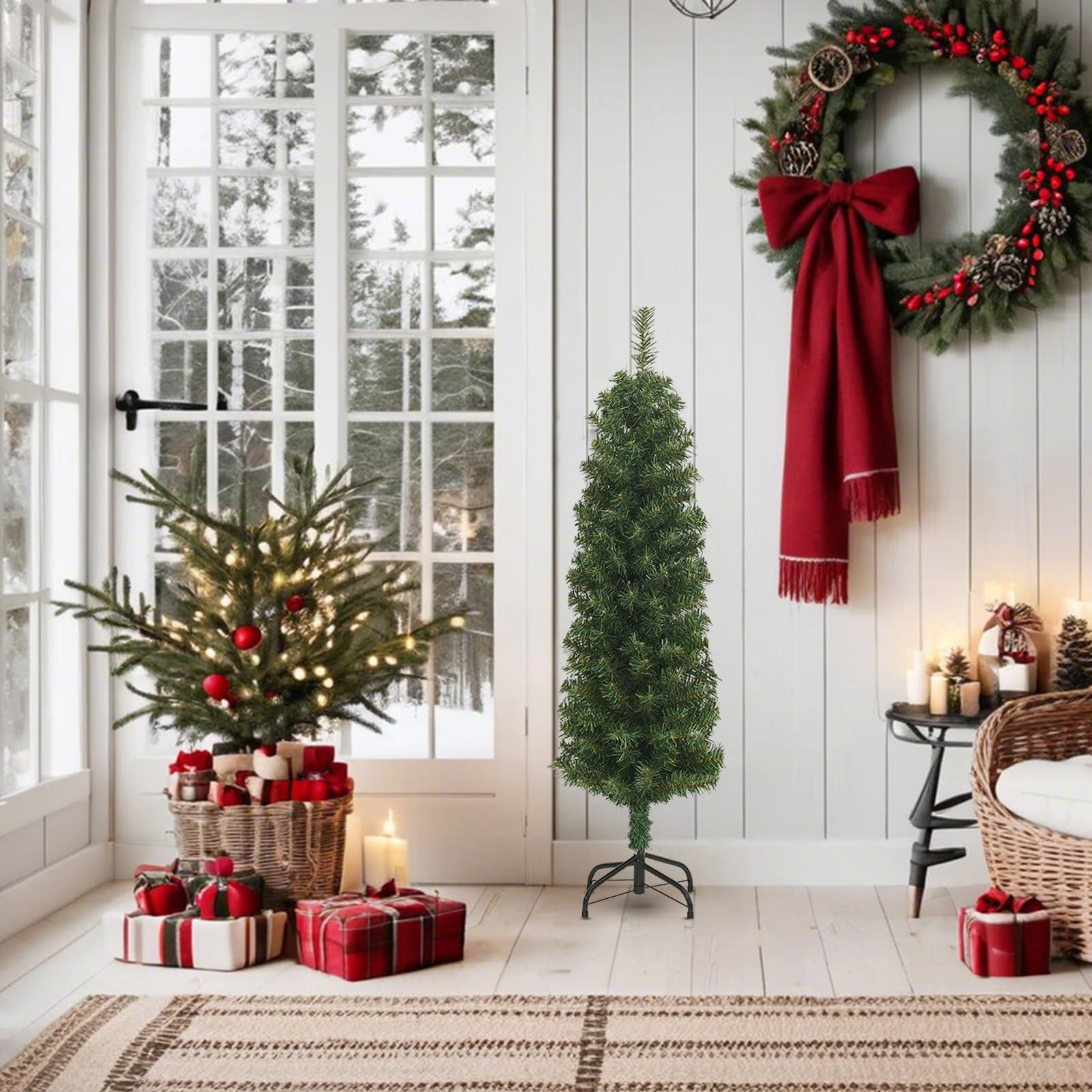 Sapin de Noël artificiel mince avec support vert 150 cm PVC