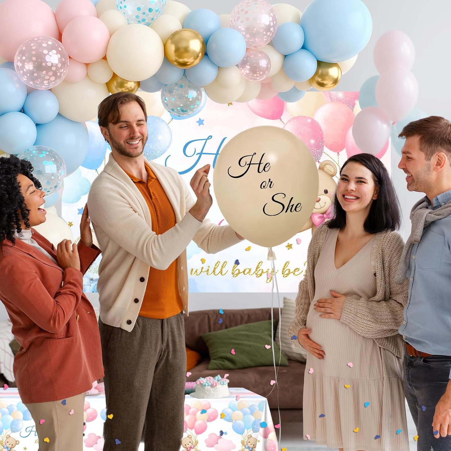270 Pcs Bear Gender Reveal Decorations: He or She Bear Banner Baby Reveal Plates Napkins Cups Tablecloth Balloons, We Can Bearly Wait Gender Reveal Decorations Serve 24
