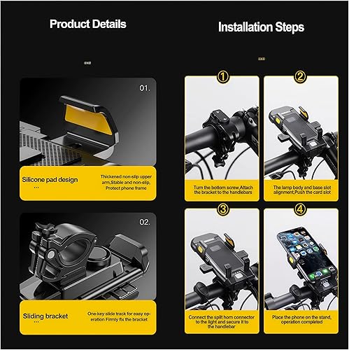 Miniatura 8 de Soporte para teléfono de bicicleta 4 en 1 con luz, bocina, carga USB, 500 lúmenes, resistencia ultra larga, impermeable, fácil instalación, para