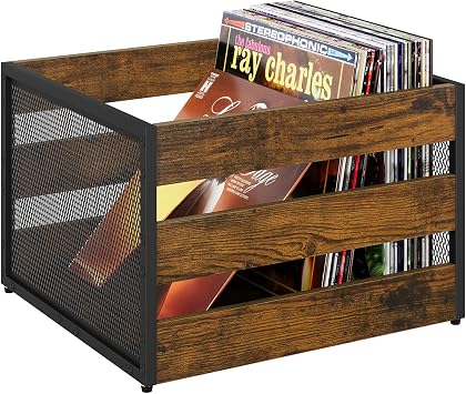 YINMIT Vinyl Record Storage, Large LP Vinyl Record Storage Crate, Metal & Wooden Record Holder, Cube Record Organizer Box, Holds up to 80+ Records