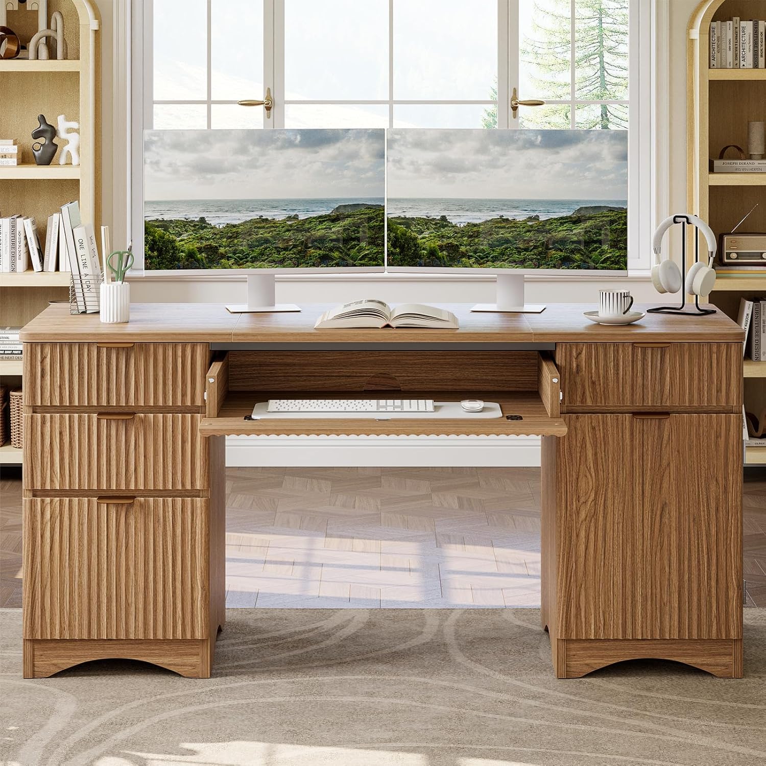 Bestier 63 Inch Fluted Executive Desk with Drawers, Wood Computer Desk with Ample File Drawer, Keyboard Tray & Storage Cabinet, Modern Home Office Desk for Study, Bedroom, Living Room, Brown