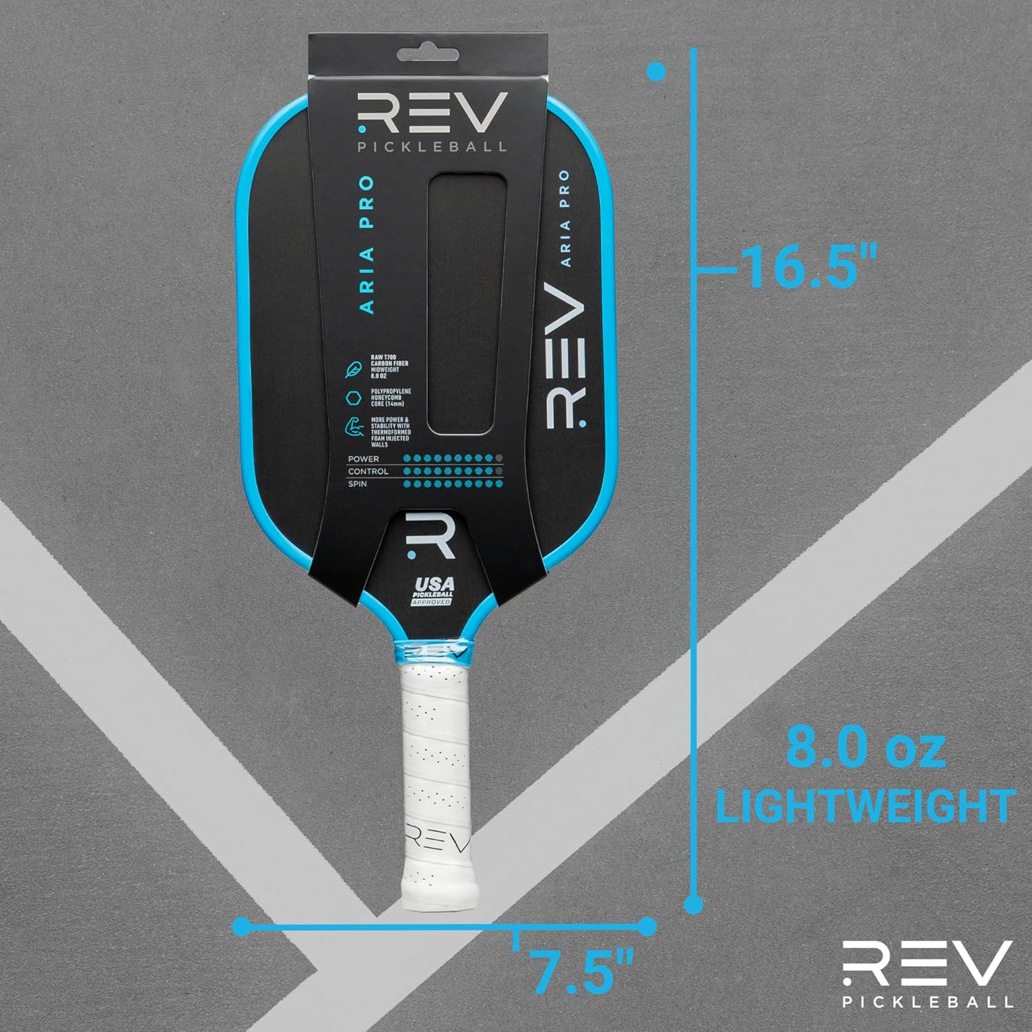 Rev Pickleball Pro-Performance Paddle - Pickleball Racket - Carbon Fiber Face - Thermoformed with Foam-Injected Walls - 14mm - 16.5"x7.5"- 8oz - USA Pickleball Approved - Aria Pro