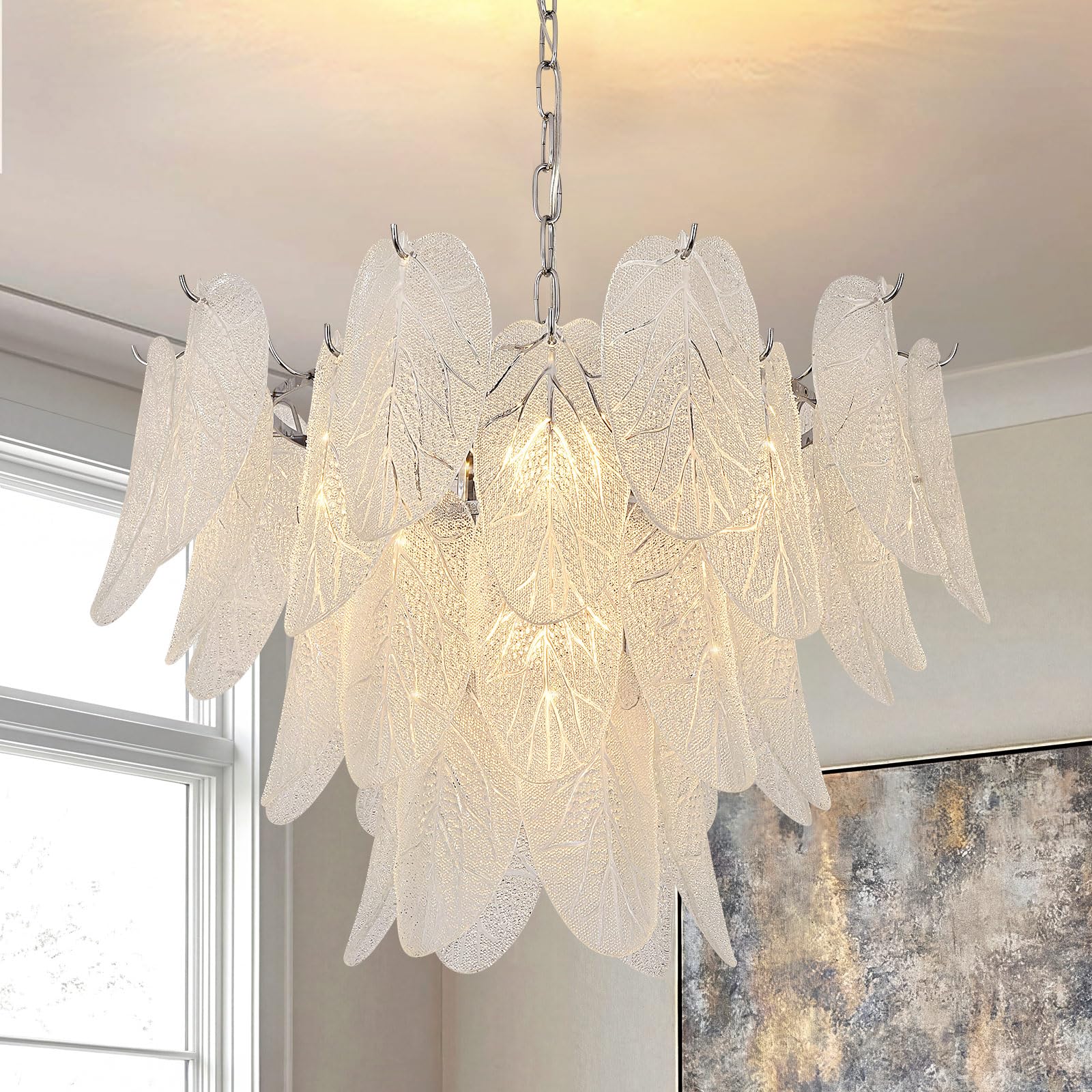 Seenvlog Leaf Textured Glass Chandelier Chrome Pendant for Dining Room