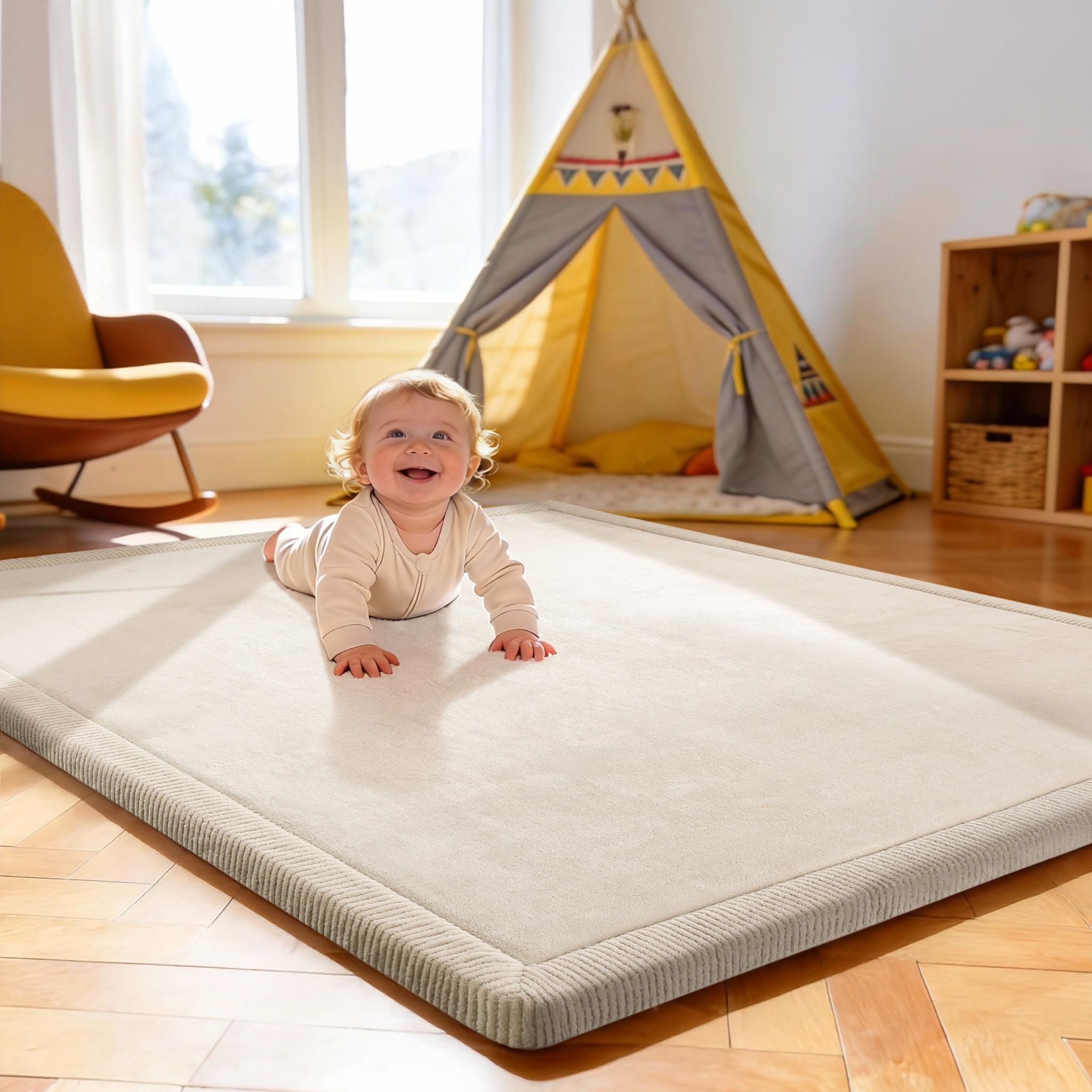 Treeboy Spielmatte Baby 120x170x2cm beige – Teppich für Kinderzimmer mit hochwertigem Memory-Schaum – Krabbelmatte Baby mit Rutschfester Unterseite – Krabbeldecke, Kinderteppich, spielteppich Kinder