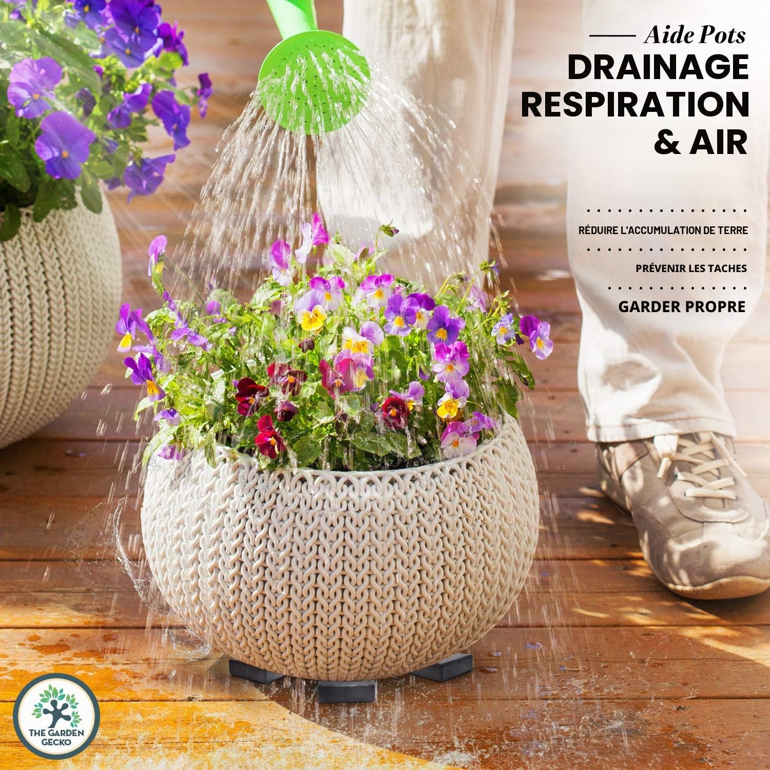 Pieds de Pot Invisibles Garden Gecko pour Pots de Fleurs et Pots d'extérieur, rehausseurs carrés antidérapants en Caoutchouc | 21 Pieds de Pot + 21 Patins adhésifs
