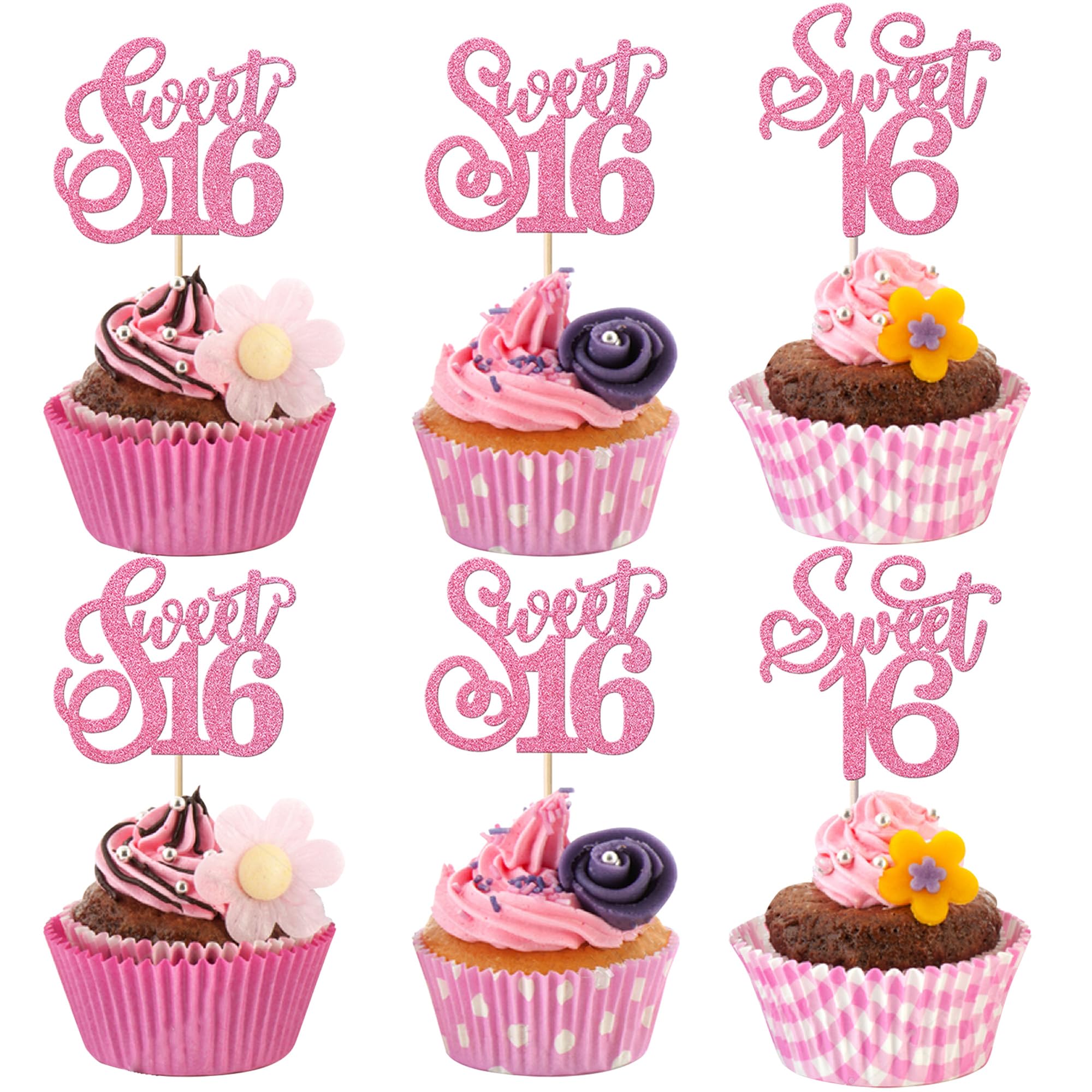 Rsstarxi 30 Pack 16th Birthday Cupcake Toppers Glitter Sweet 16 Sixteen Years Old Cupcake Picks Cake Decoration for Kids, Wedding, Anniversary Party Decorations Pink