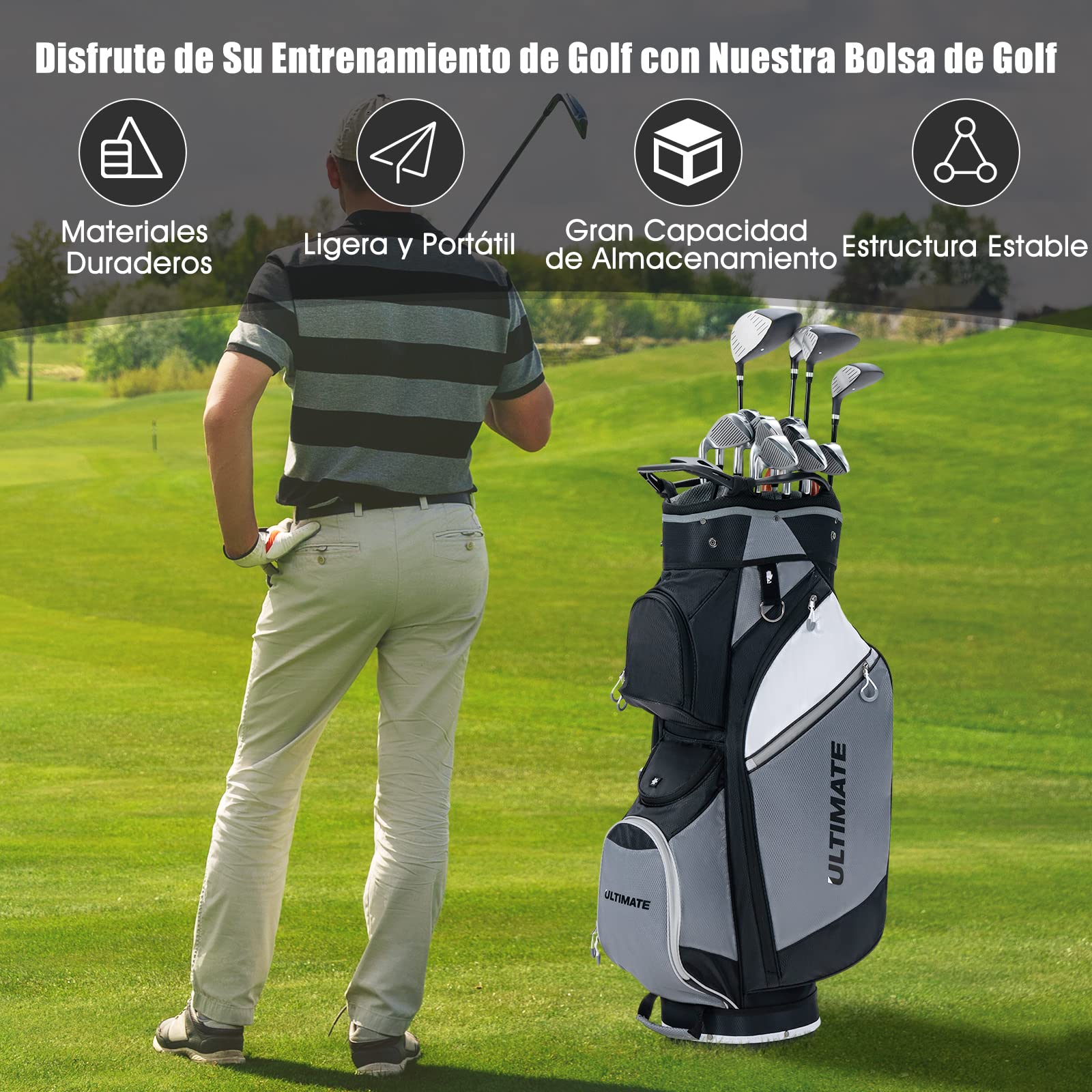 COSTWAY Bolsa Golf con 14 Palos, Bolsa Palos Golf Portátil y Ligera de 2kg, Impermeable, 11 Bolsillos con Cremallera, Capucha para la Lluvia, Cart Bag Unisex Adulto