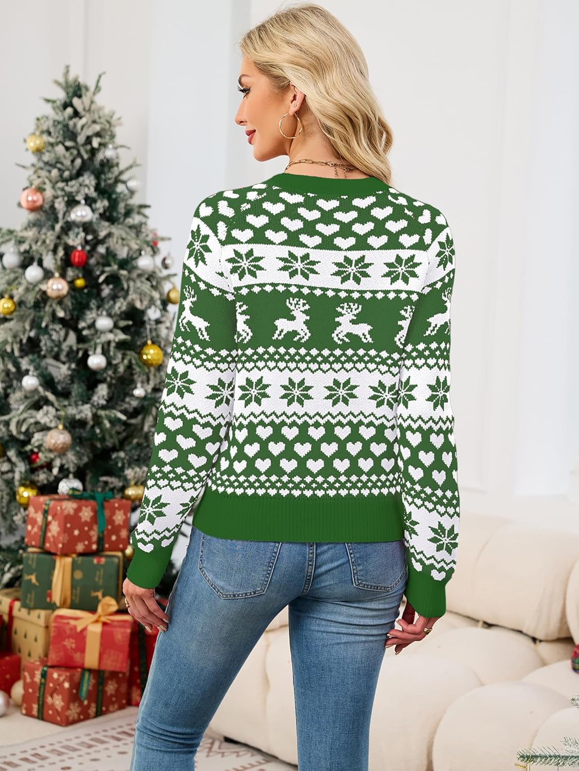 SunnyMelody Womens Christmas Sweater Holiday Ugly Sweater Reindeer Snowflake Heart Knit Pullover Crew Neck 2025 Tops - Image 3