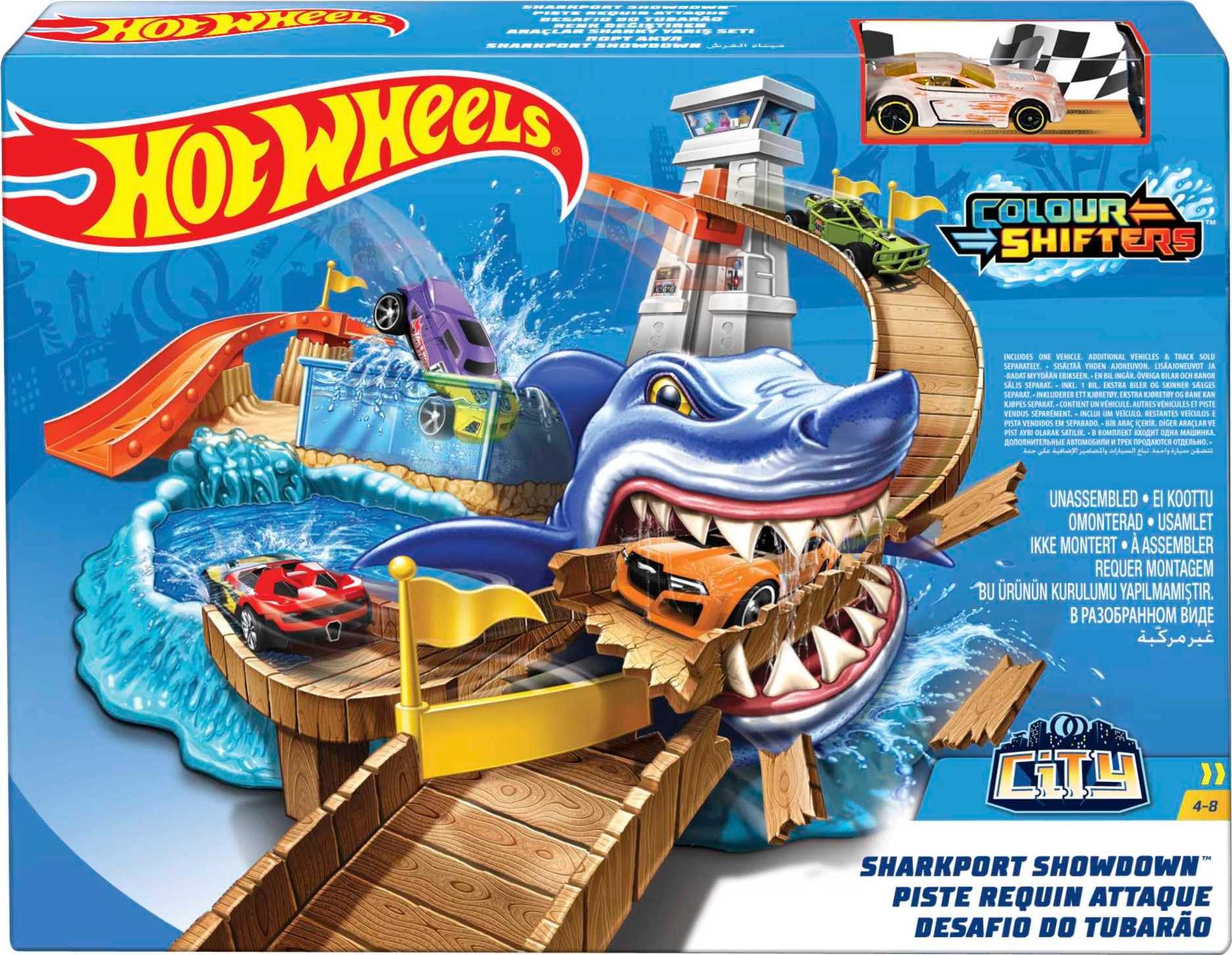 Hot Wheels Piste Attaque Requin, Coffret de Jeu avec 2 Zones de Changement de Couleur et Un véhicule Color Shifters Inclus, Jouet pour Enfant, BGK04