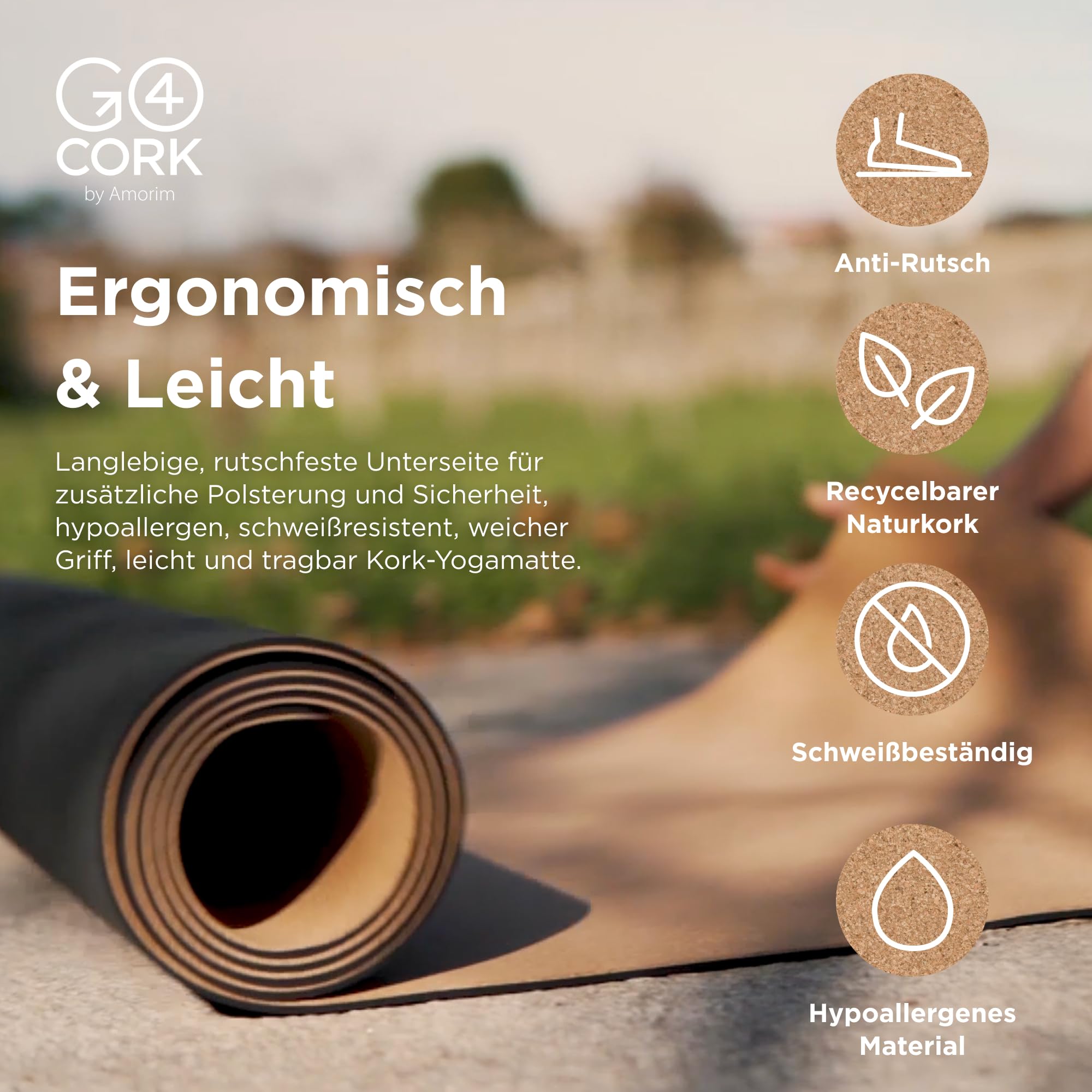 Go4Cork Yoga Anti-Rutsch Essential Kork-Yogamatte – 195 x 65 x 0,4 cm | Große & umweltfreundliche Yogamatte | Leichte & kompakte Fitnessmatte für Zuhause, Pilates & Stretching | Natur/Schwarz | Große Umweltfreundliche Fitnessmatte | Leicht & Kompakt | Yog