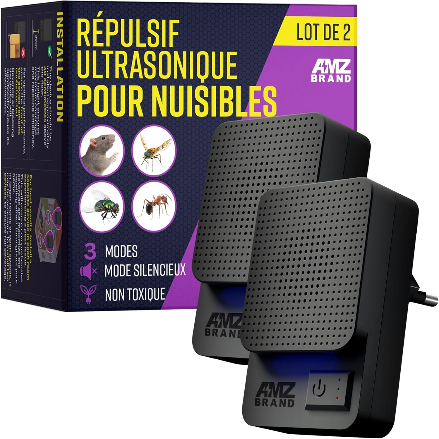 AMZ BRAND Répulsif Ultrasonique Contre Les Nuisibles 2 Pack - Puissant Répulsif à Souris - 3 Modes de Fonctionnement - Large Gamme de Fréquences - Idéal pour Souris, Rats, Moustiques, Cafards, Mites — vue 2