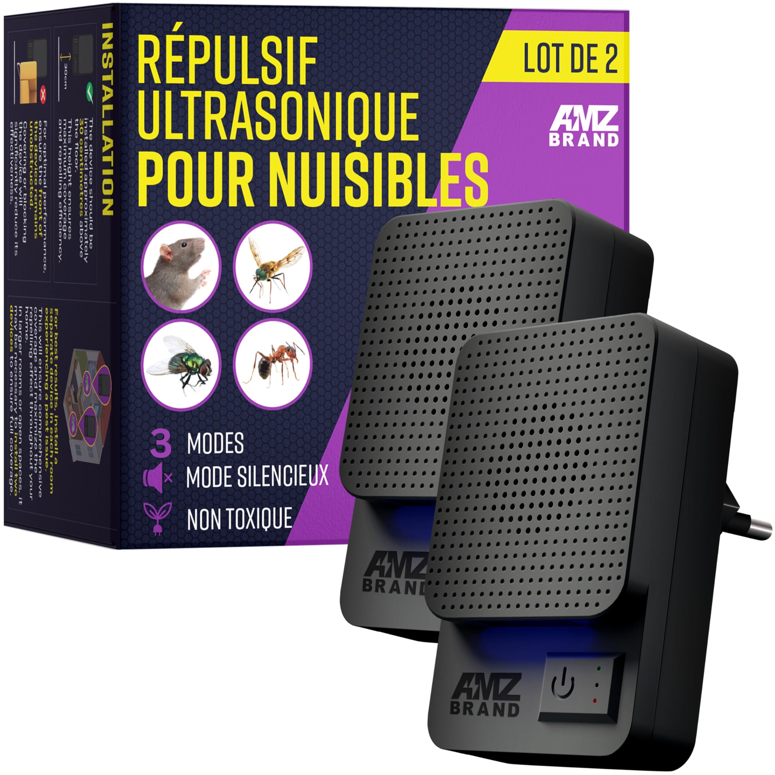 AMZ BRAND Répulsif Ultrasonique Contre Les Nuisibles 2 Pack - Puissant Répulsif à Souris - 3 Modes de Fonctionnement - Large Gamme de Fréquences - Idéal pour Souris, Rats, Moustiques, Cafards, Mites