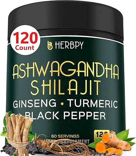 Herbpy Ashwagandha 5 en 1 extra fuerte con shilajit para apoyo de resistencia, energía y relajación, además de ginseng, raíz de cúrcuma y pimienta